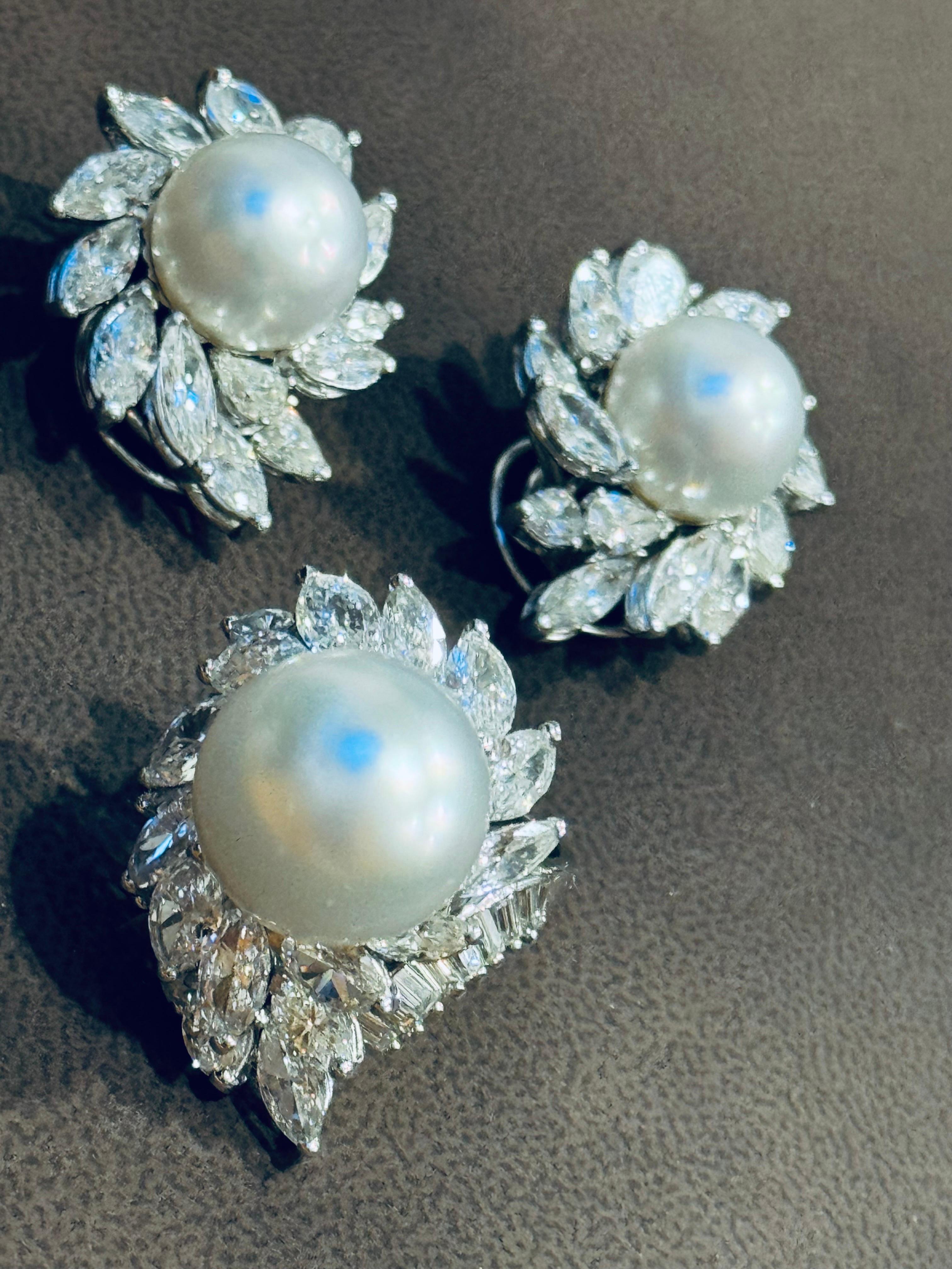 This listing is for ring and earring 
1960's Platinum And Diamond earrings and Ring with Flawless south sea pearls set
weight of platinum 46.6 Gm
13  diamonds in each earring , total 26 in earring
and there are 20 diamonds in the ring with some
