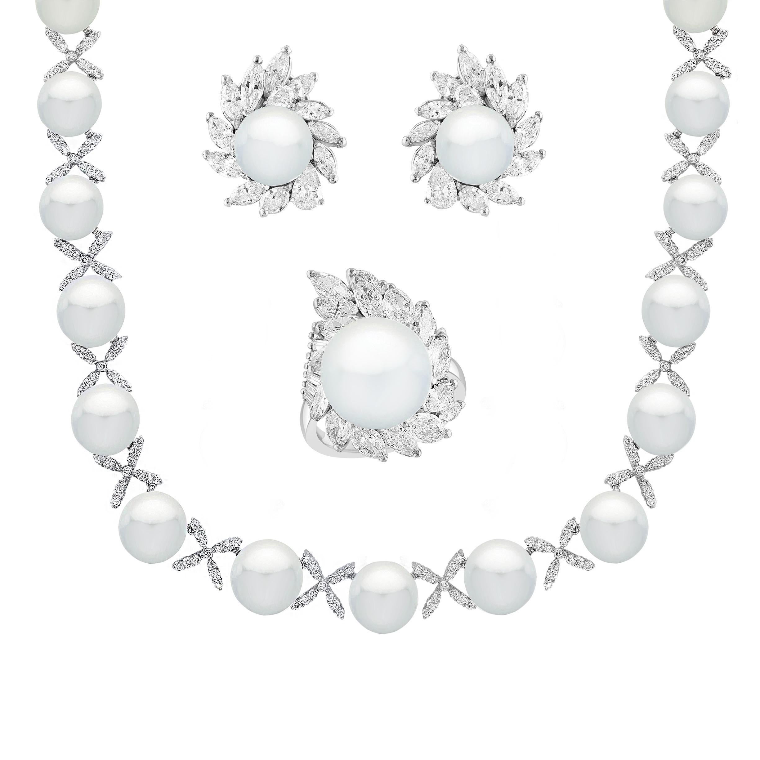 25Ct Marquise & Pear Diamond & South sea Pearl Stud Earring, Ring Platinum 1960' 15