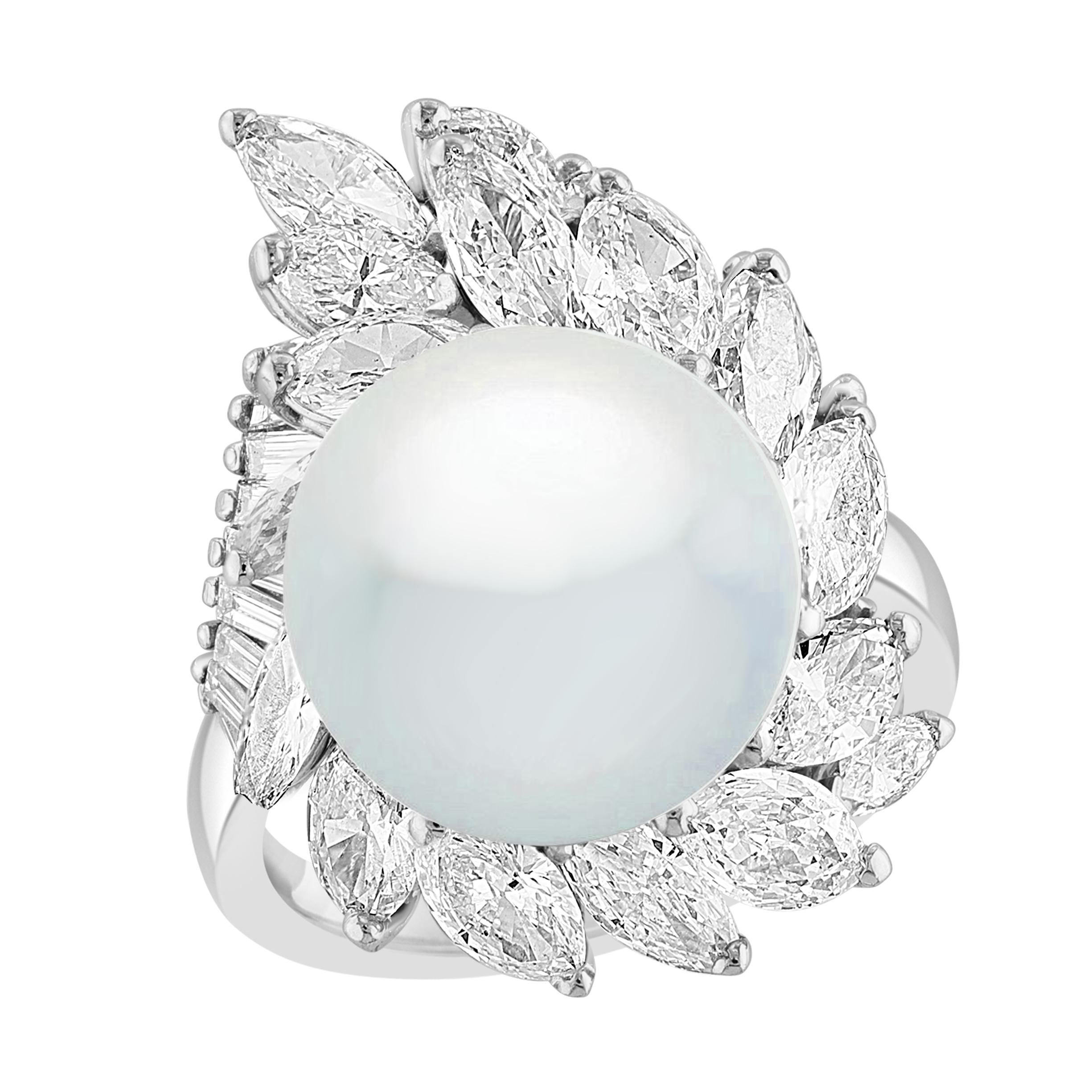 Marquise Cut 25Ct Marquise & Pear Diamond & South sea Pearl Stud Earring, Ring Platinum 1960'