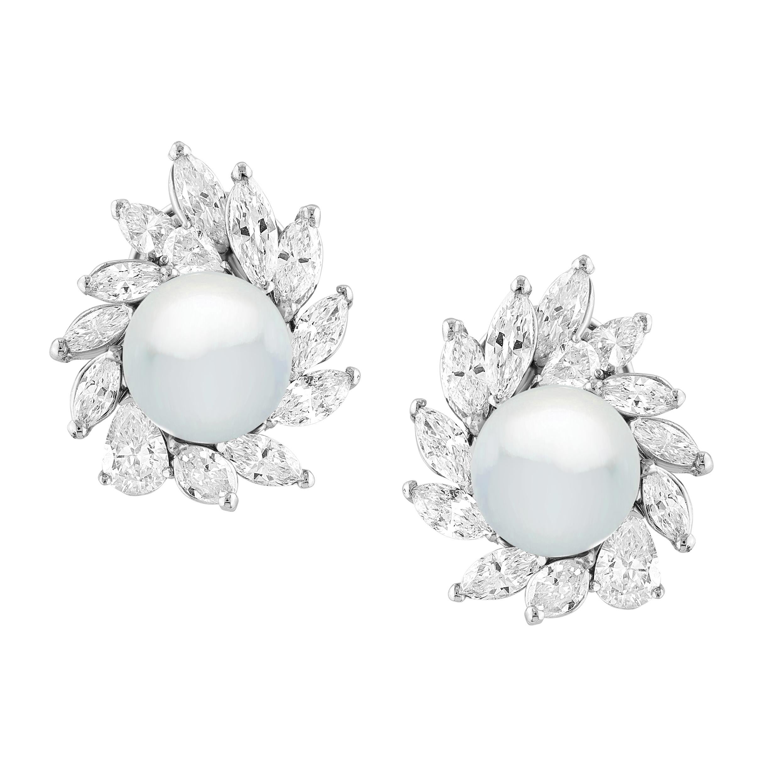 25Ct Marquise & Pear Diamond & South sea Pearl Stud Earring, Ring Platinum 1960' In Excellent Condition In New York, NY