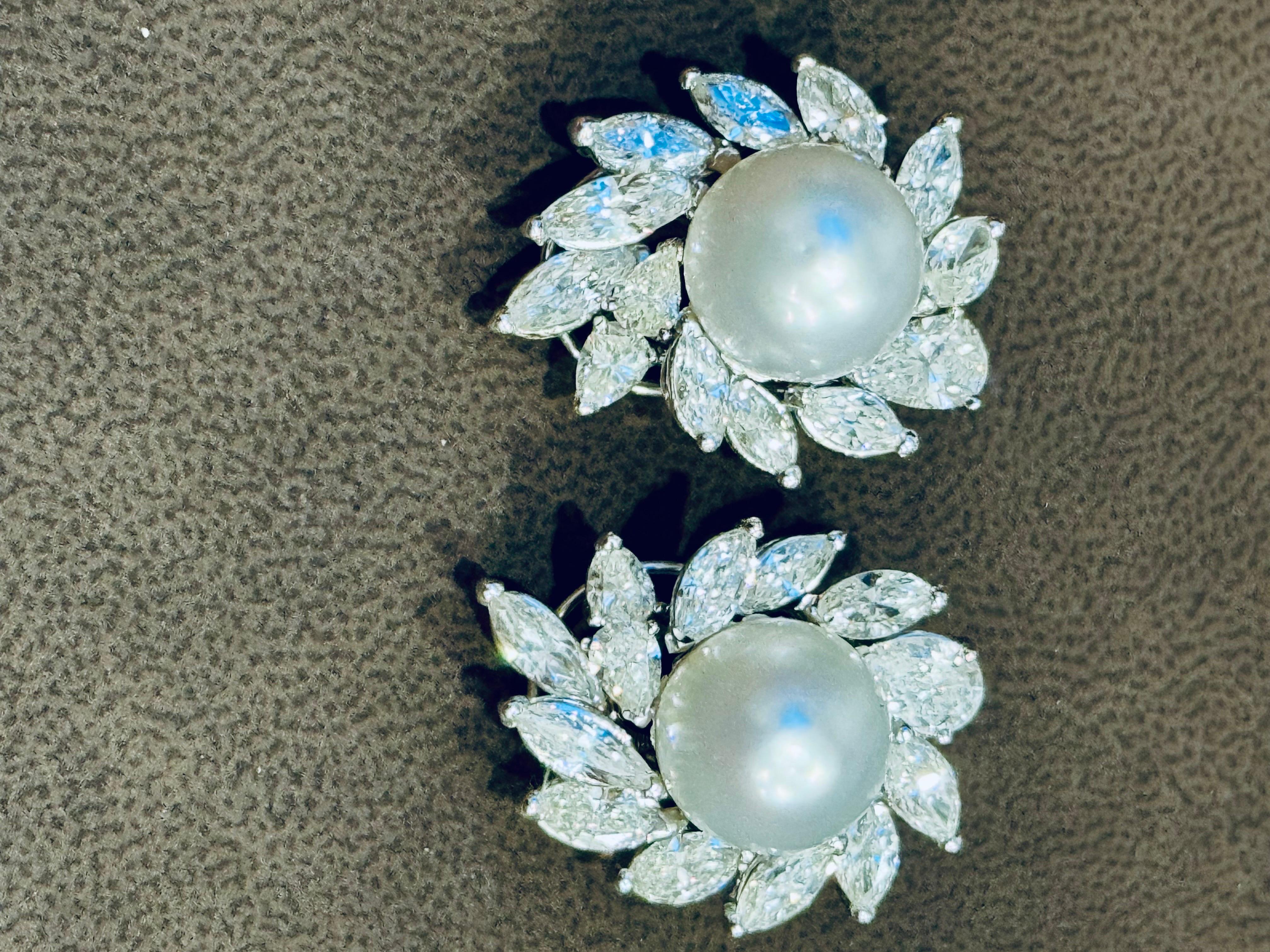 25Ct Marquise & Pear Diamond & South sea Pearl Stud Earring, Ring Platinum 1960' 1