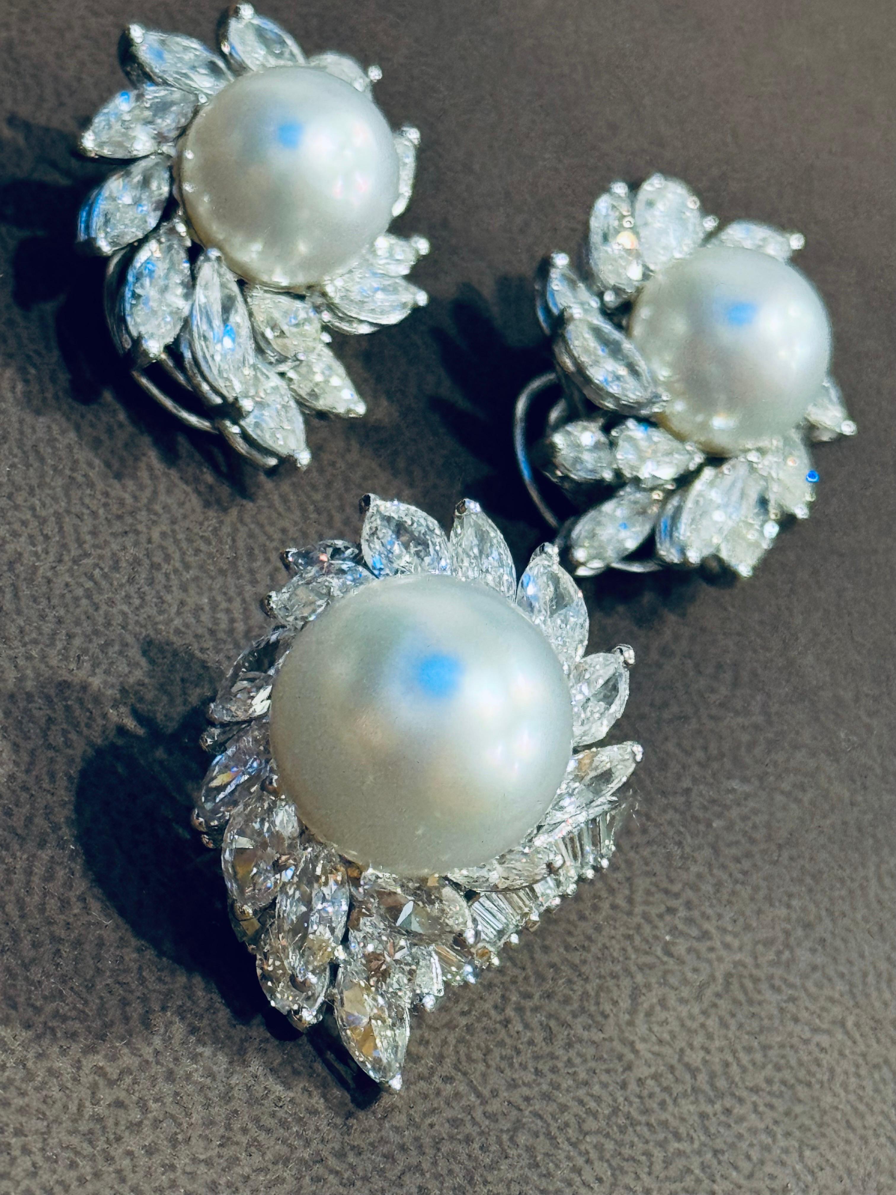 25Ct Marquise & Pear Diamond & South sea Pearl Stud Earring, Ring Platinum 1960' 2