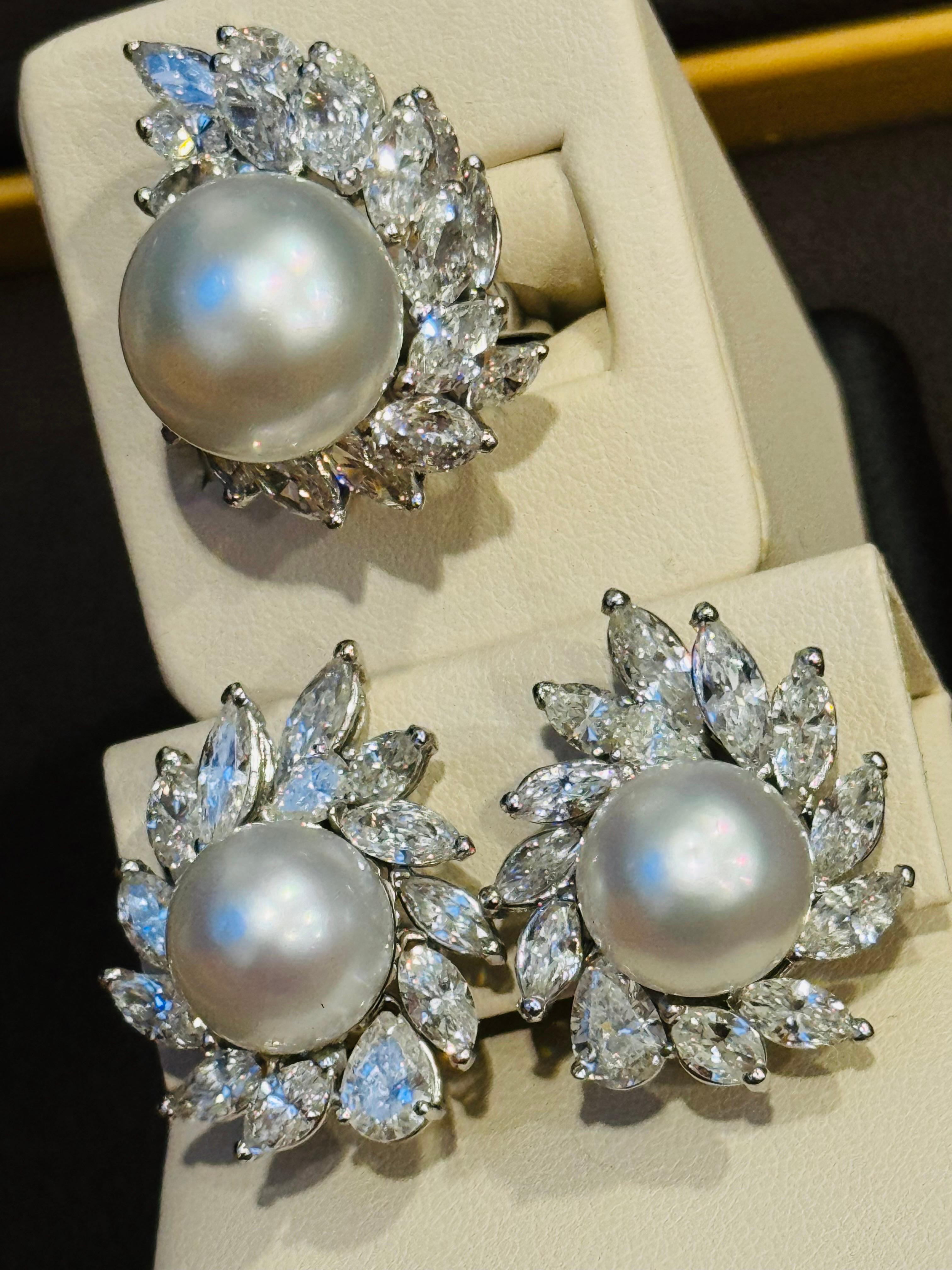 25Ct Marquise & Pear Diamond & South sea Pearl Stud Earring, Ring Platinum 1960' 4