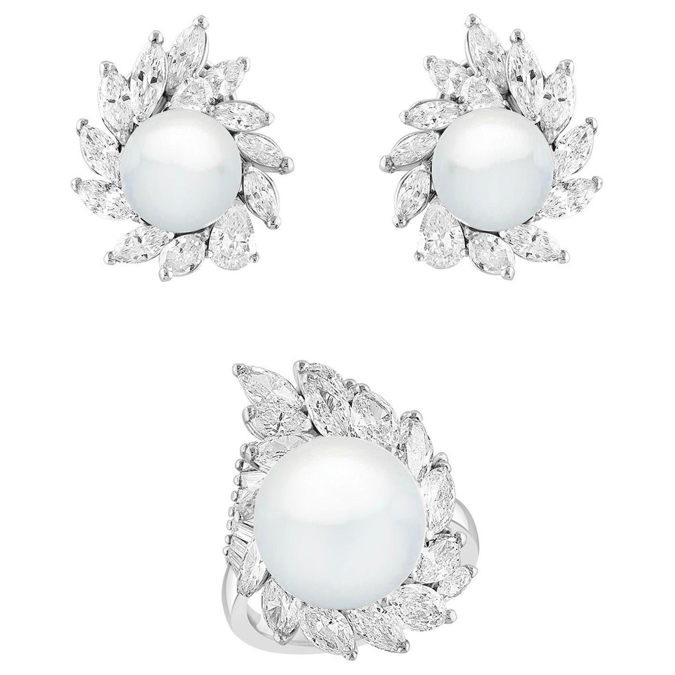 25 Karat Marquise & Birnendiamant & Südseeperlen-Ohrstecker, Ring Platin 1960'