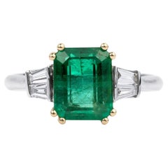 2.5ct Natural Emerald & Tapered Baguette Diamond Engagement Ring in 18K Gold