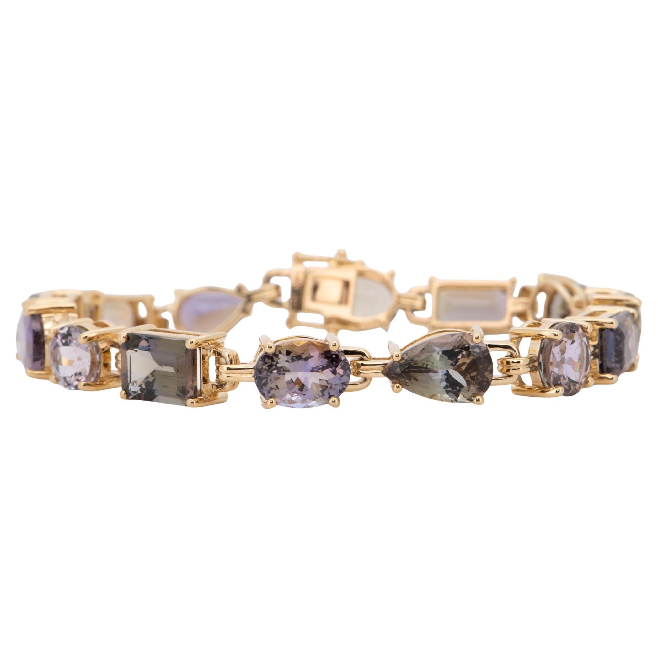 25ct Natural Fancy Bi-Color Tanzanite Bracelet 14K Gold Mixed Shape Rare Colors en vente