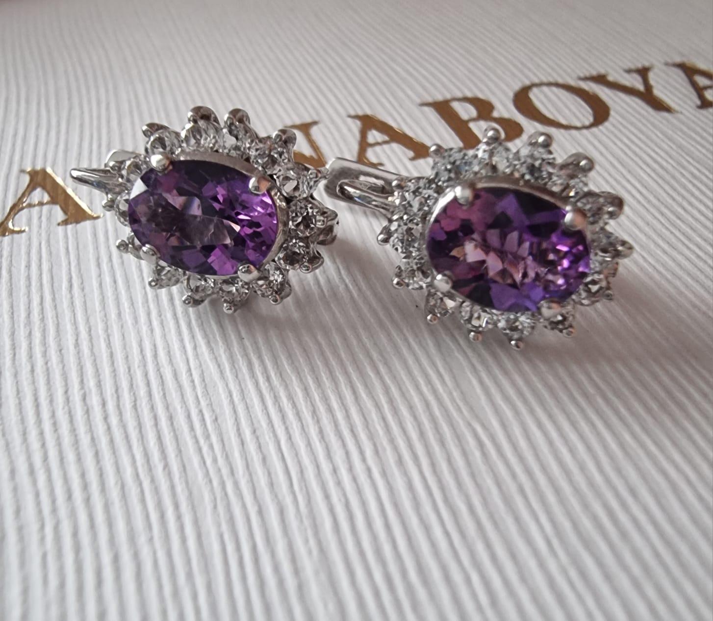 2.5ct Oval Amethyst Plug Earrings Platinum Silver For Sale 1