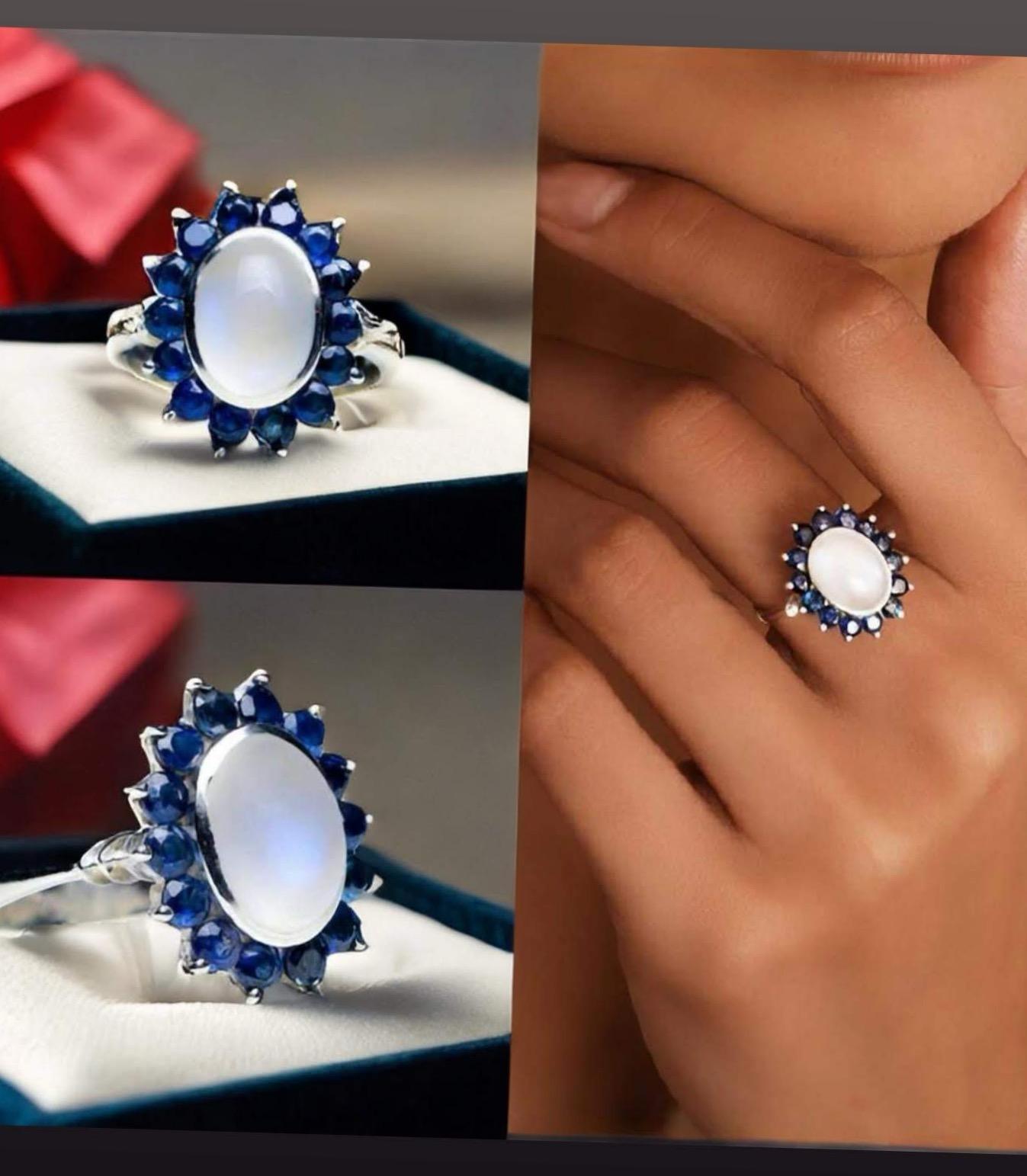 Contemporary 2.5ct Oval Moonstone 7ctw Natural Blue Sapphire cocktail Ring