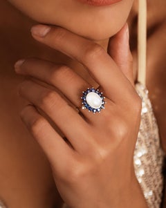 2.5ct Oval Moonstone 7ctw Natural Blue Sapphire cocktail Ring