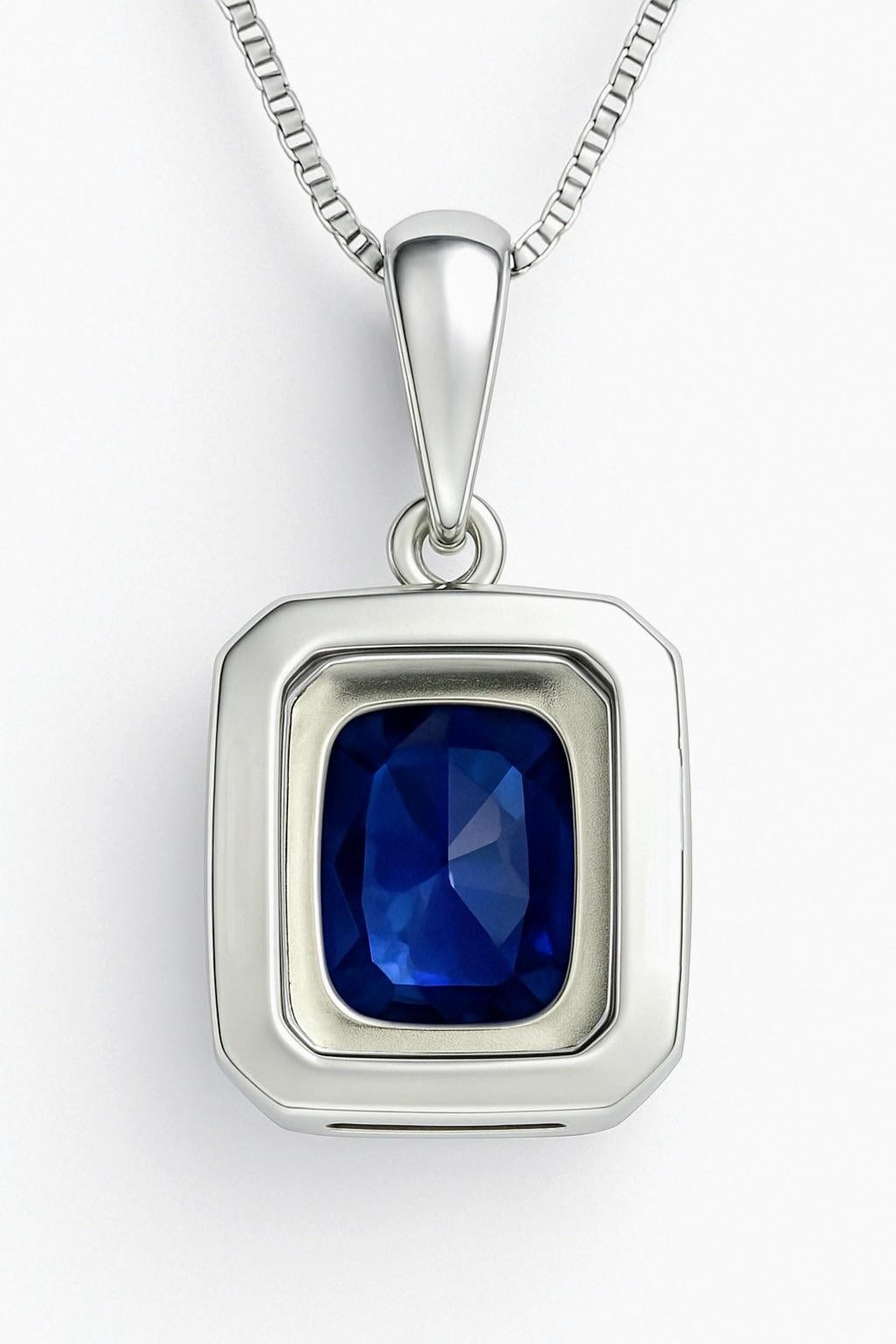 2.5ct Prong Set Rectangle Natural Blue Sapphire Pendant in Platinum Silver For Sale 3