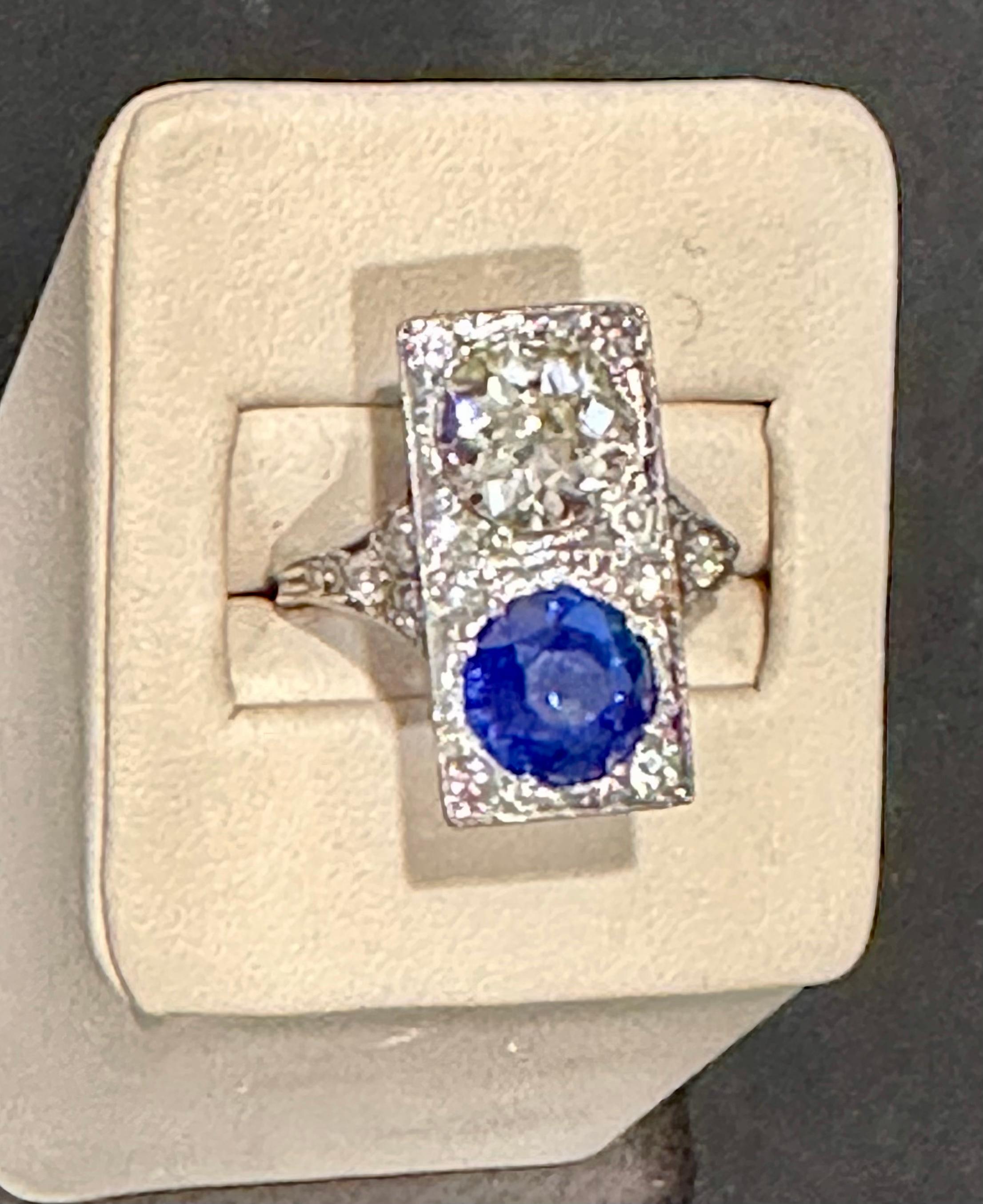 GIA CEYLON  Blue Sapphire & Old Minor 3 CT Diamond Cocktail Ring Platinum Estate For Sale 2