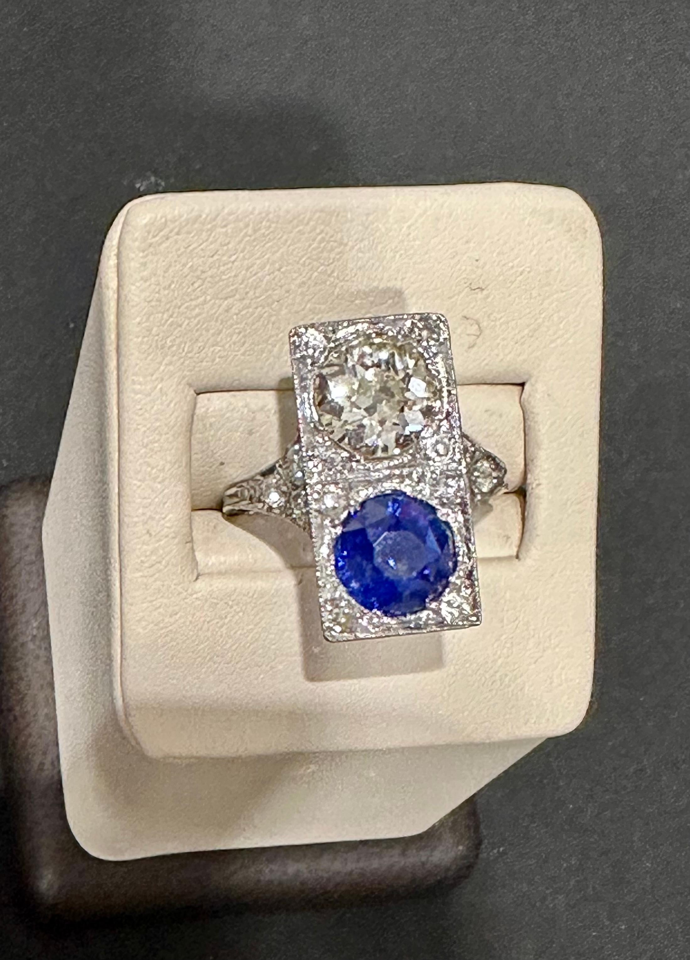 GIA CEYLON  Blue Sapphire & Old Minor 3 CT Diamond Cocktail Ring Platinum Estate For Sale 3