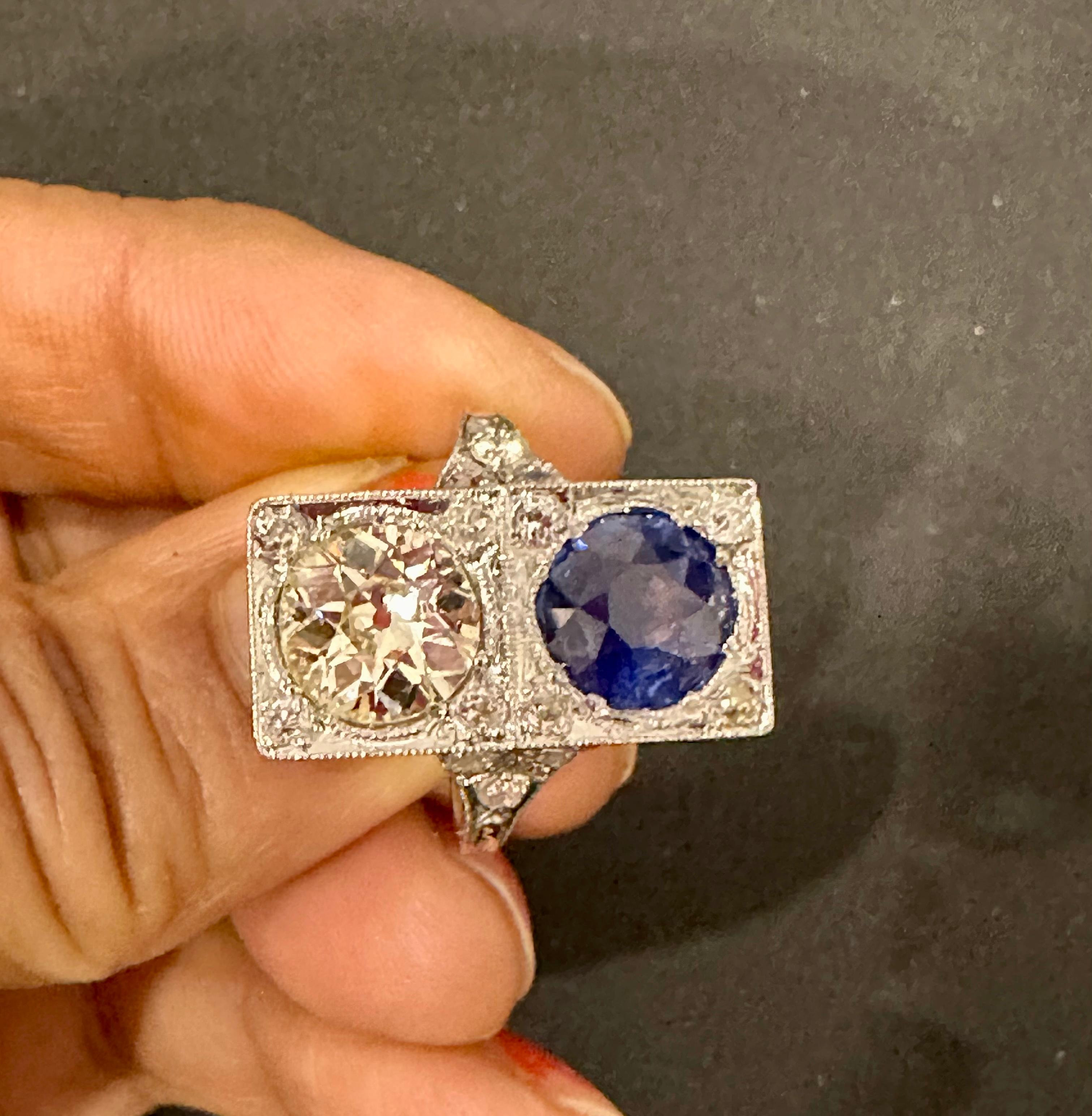 GIA CEYLON  Blue Sapphire & Old Minor 3 CT Diamond Cocktail Ring Platinum Estate For Sale 4