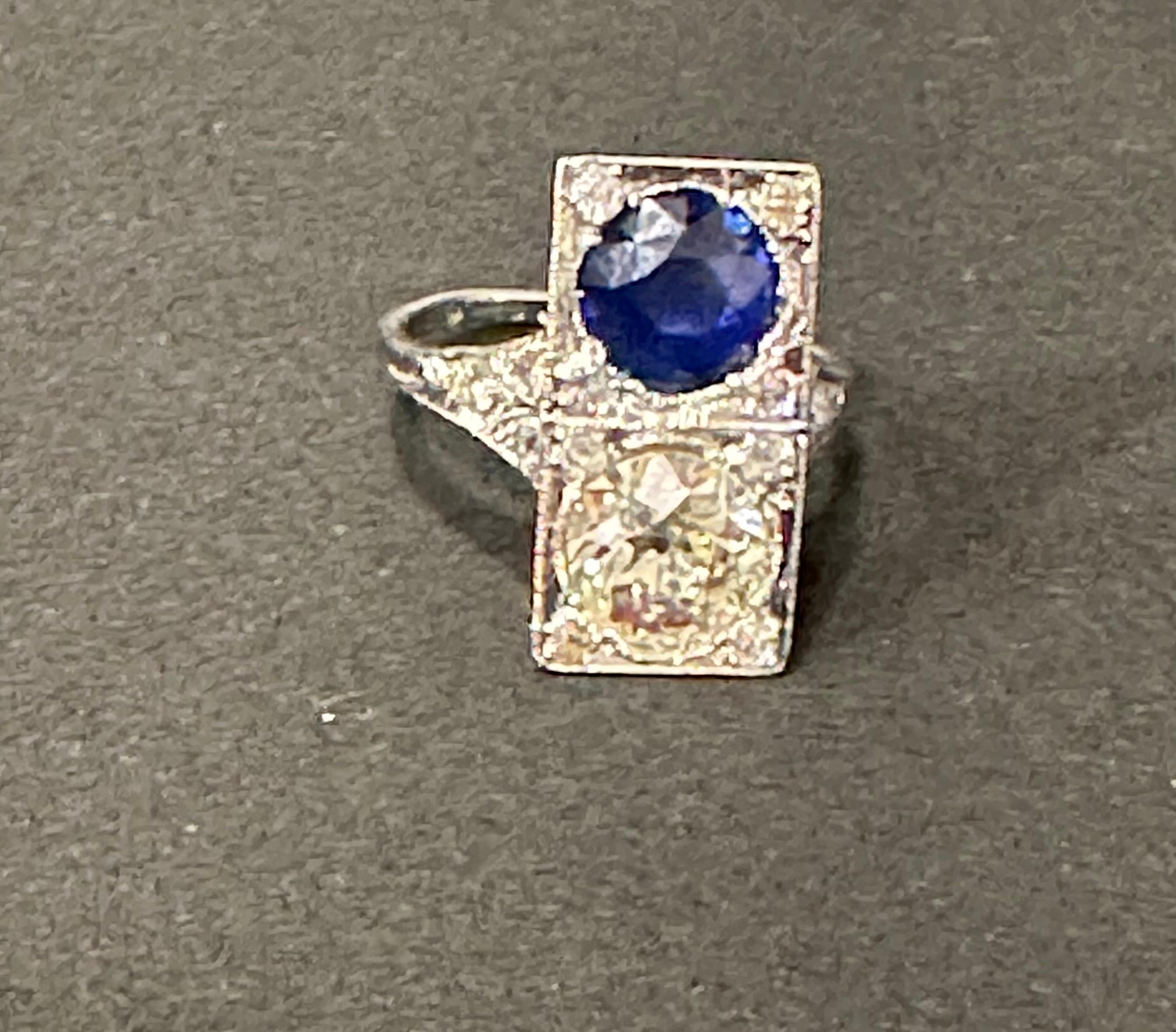 Women's or Men's GIA CEYLON  Blue Sapphire & Old Minor 3 CT Diamond Cocktail Ring Platinum Estate For Sale