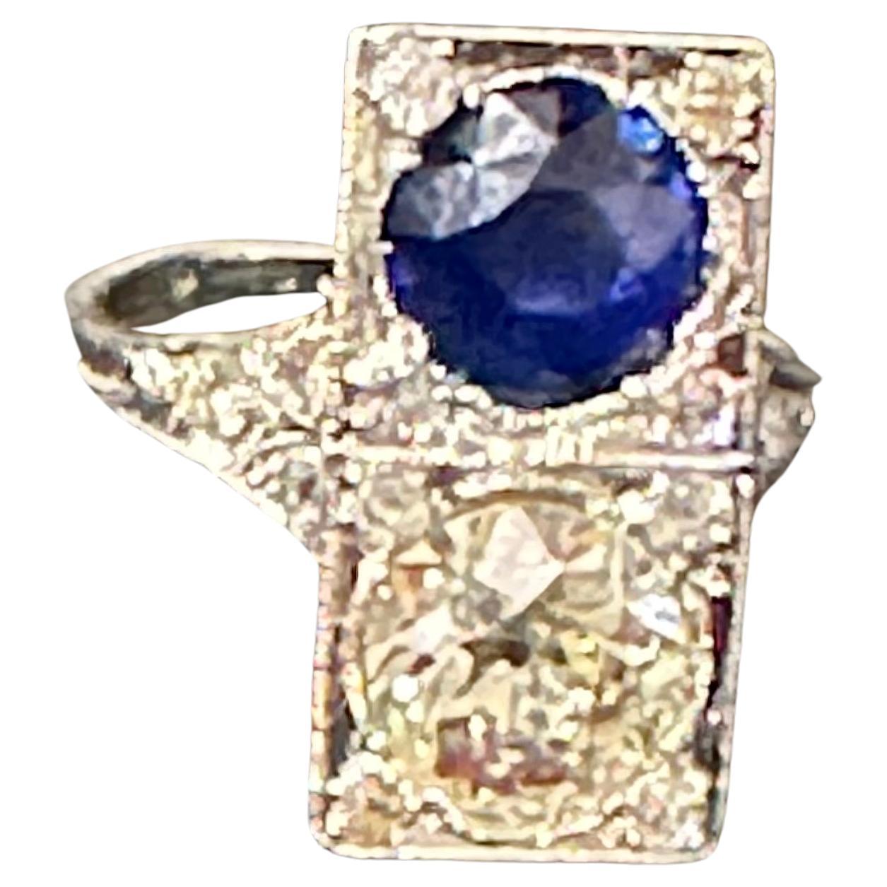 GIA CEYLON  Blue Sapphire & Old Minor 3 CT Diamond Cocktail Ring Platinum Estate For Sale 1