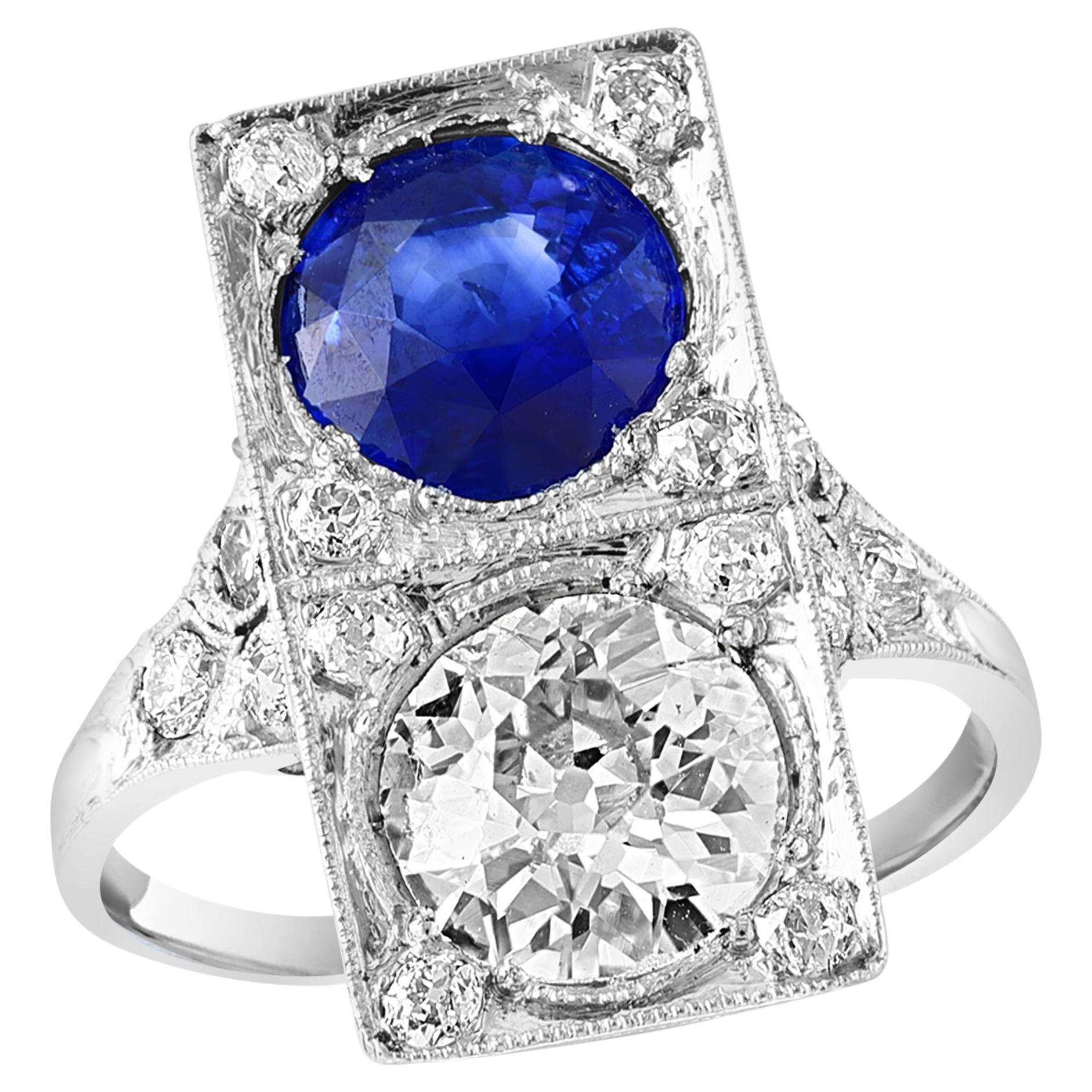 GIA CEYLON  Blue Sapphire & Old Minor 3 CT Diamond Cocktail Ring Platinum Estate For Sale