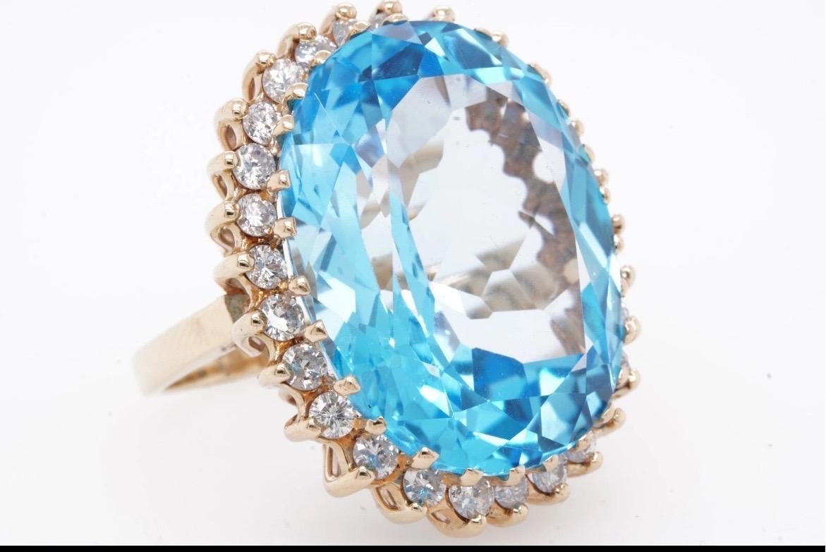 Oval Cut 25ct Swiss Blue Topaz Diamond Ring 14k Yellow Gold Cocktail Oval For Sale