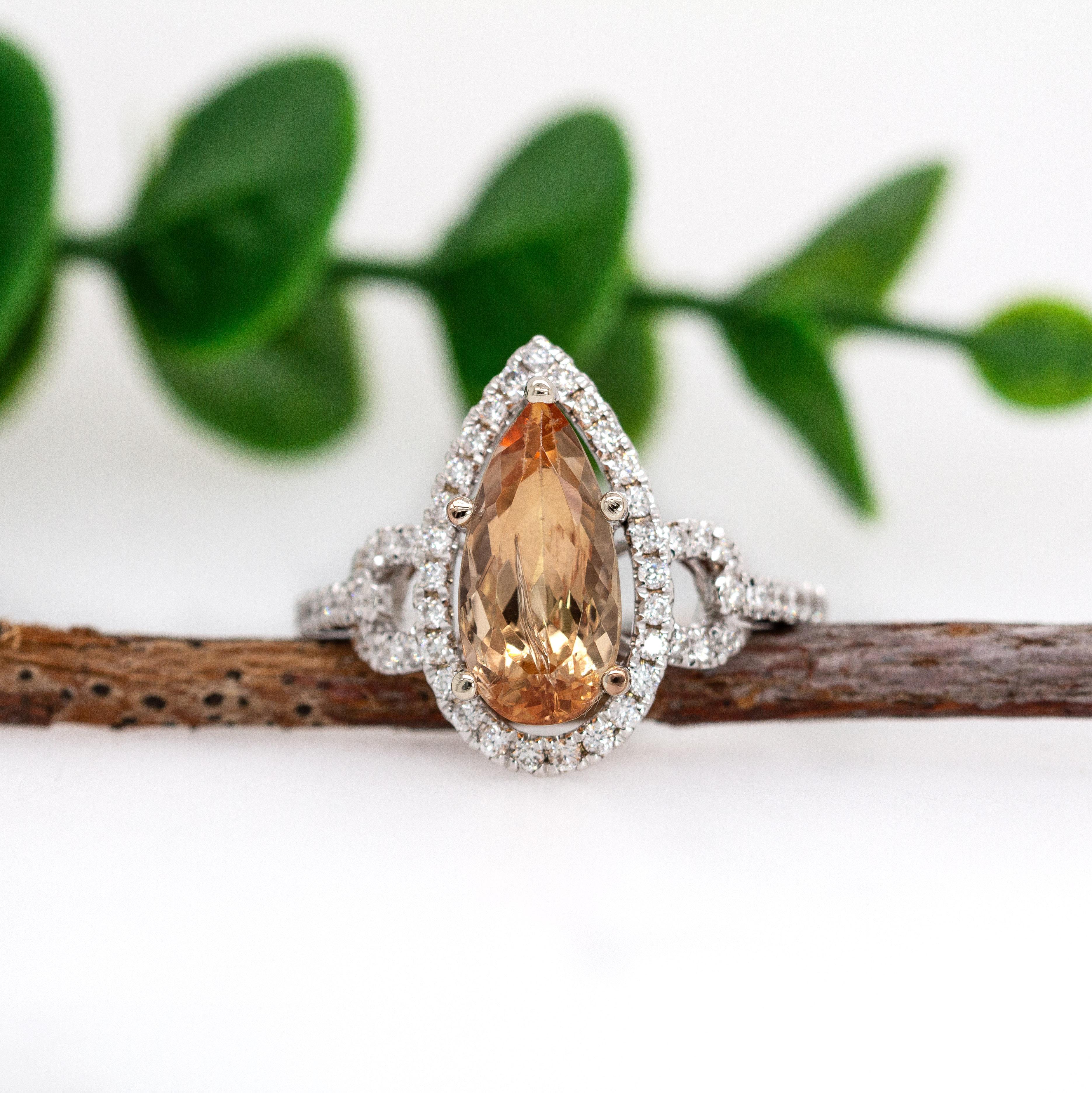 Art Deco 2.5cts, 12x6mm Imperial Topaz & Accented Natural Diamond Ring in 14K Solid Gold For Sale