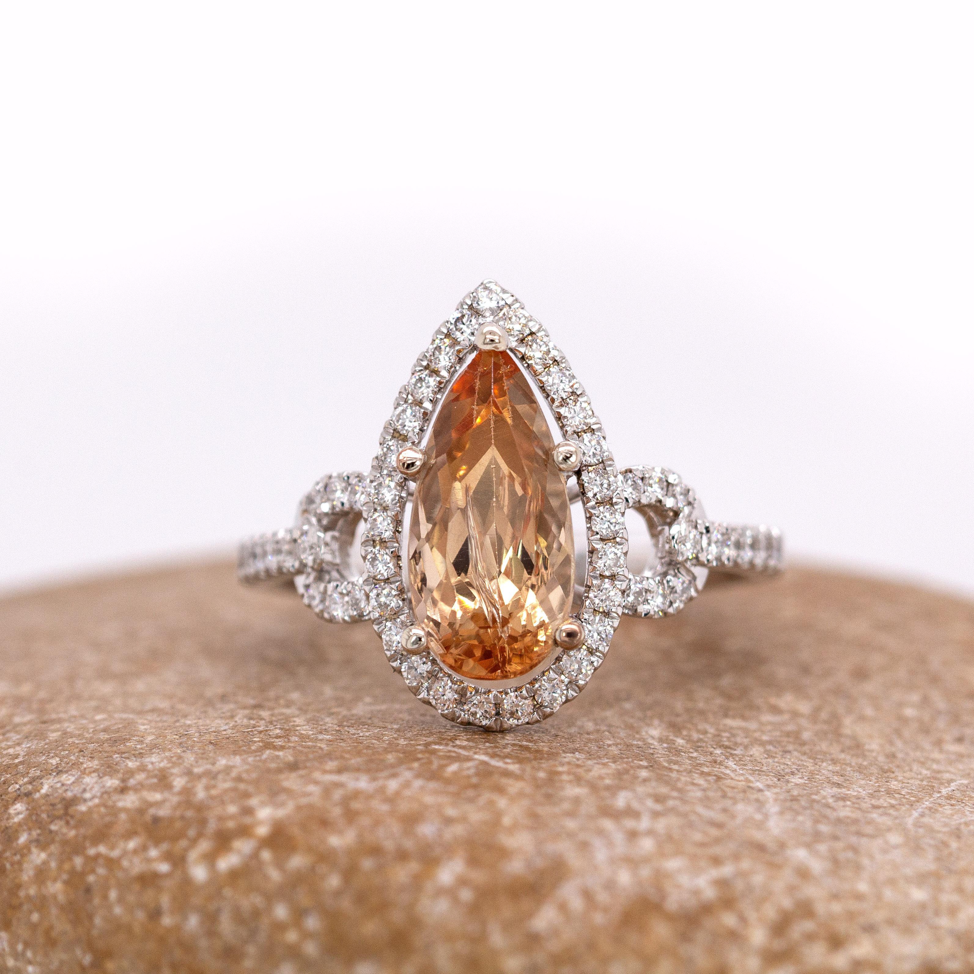 Pear Cut 2.5cts, 12x6mm Imperial Topaz & Accented Natural Diamond Ring in 14K Solid Gold For Sale