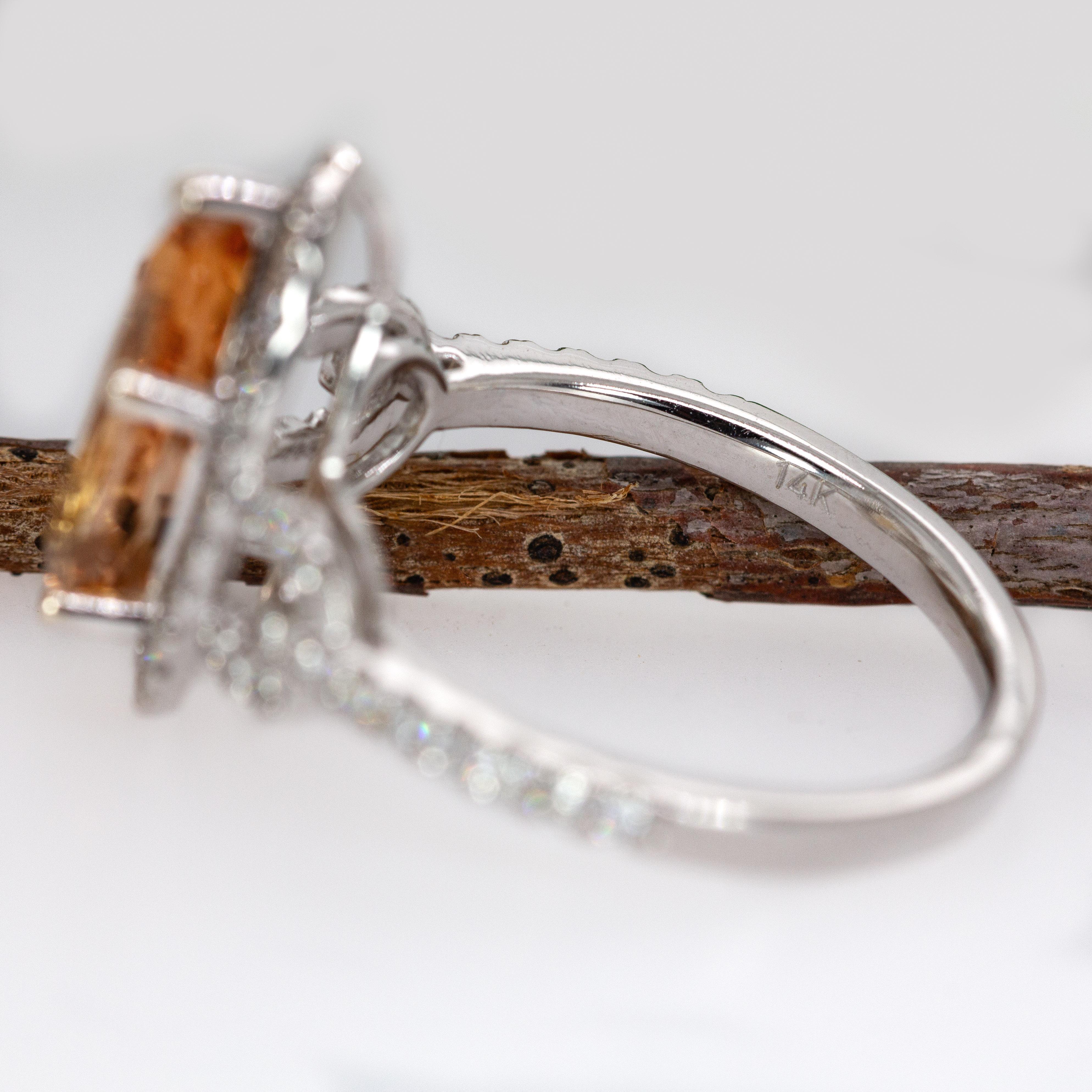 2.5cts, 12x6mm Imperial Topaz & Accented Natural Diamond Ring in 14K Solid Gold For Sale 3