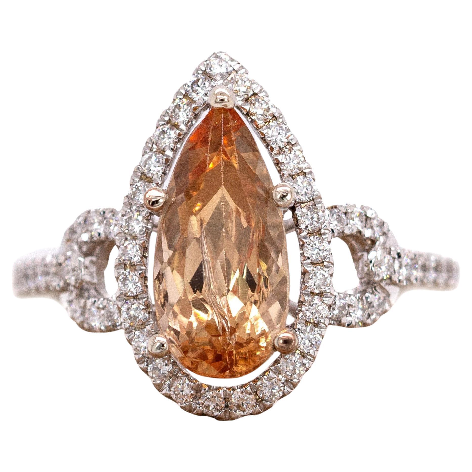 2.5cts, 12x6mm Imperial Topaz & Accented Natural Diamond Ring in 14K Solid Gold For Sale