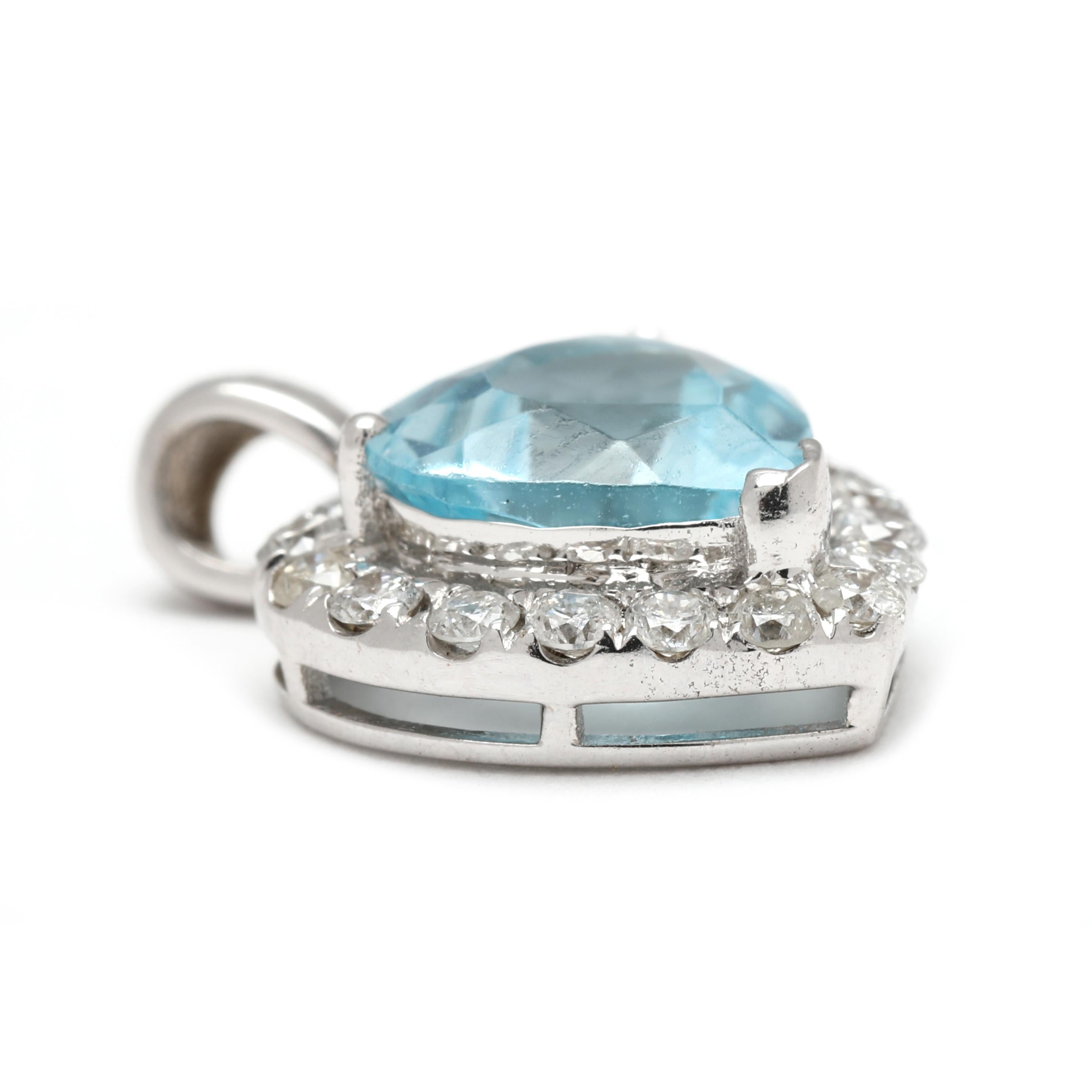Heart Cut 2.5ctw Blue Topaz & Diamond Heart Pendant, 18k White Gold, Necklace Add On For Sale