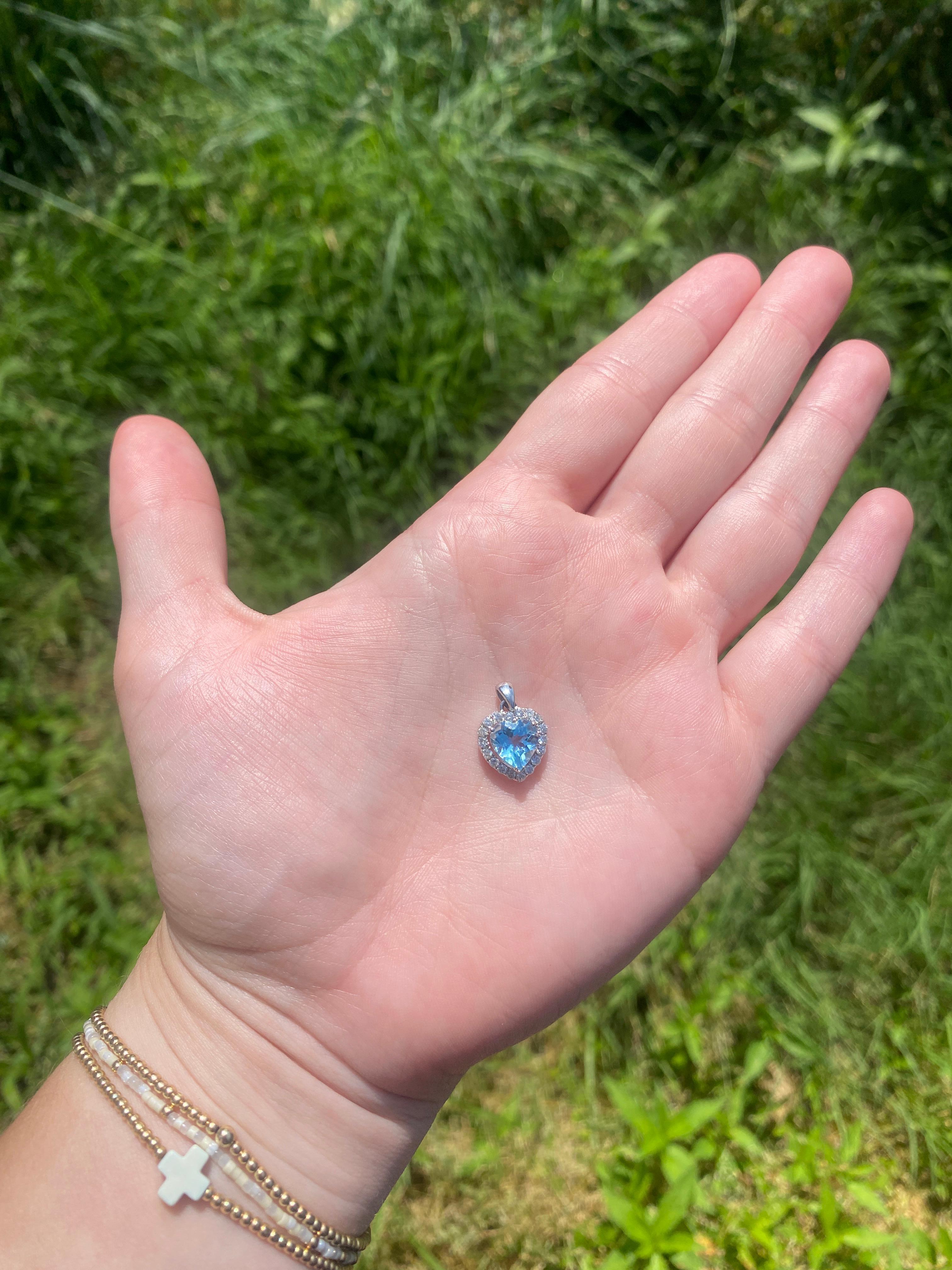 Women's or Men's 2.5ctw Blue Topaz & Diamond Heart Pendant, 18k White Gold, Necklace Add On For Sale