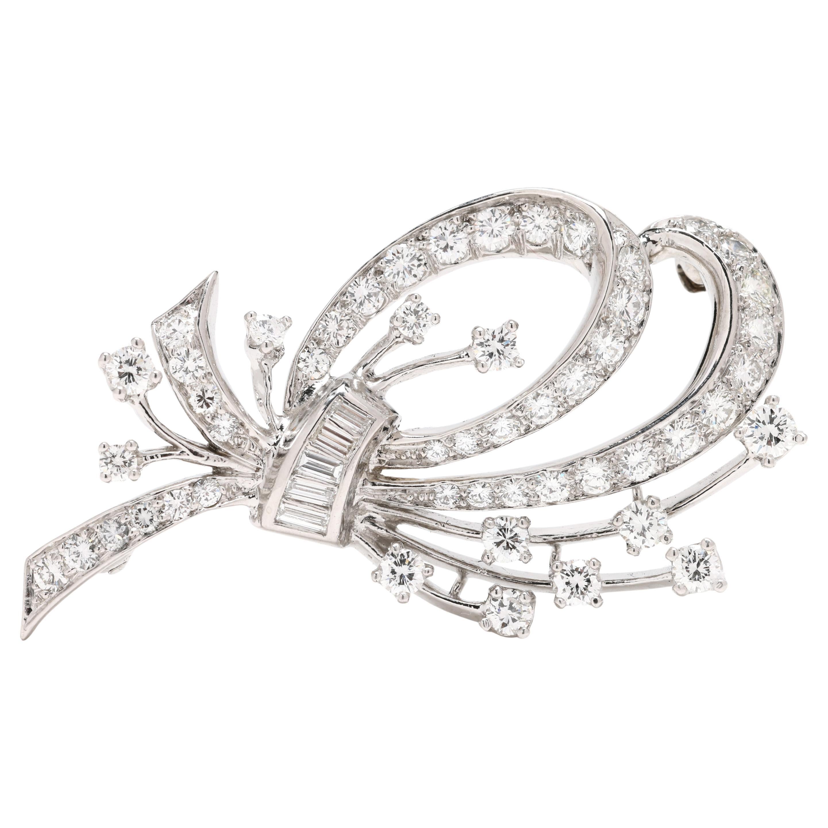 2.5ctw Diamond Baguette Bow Pin, Platinum, Length 2 inches