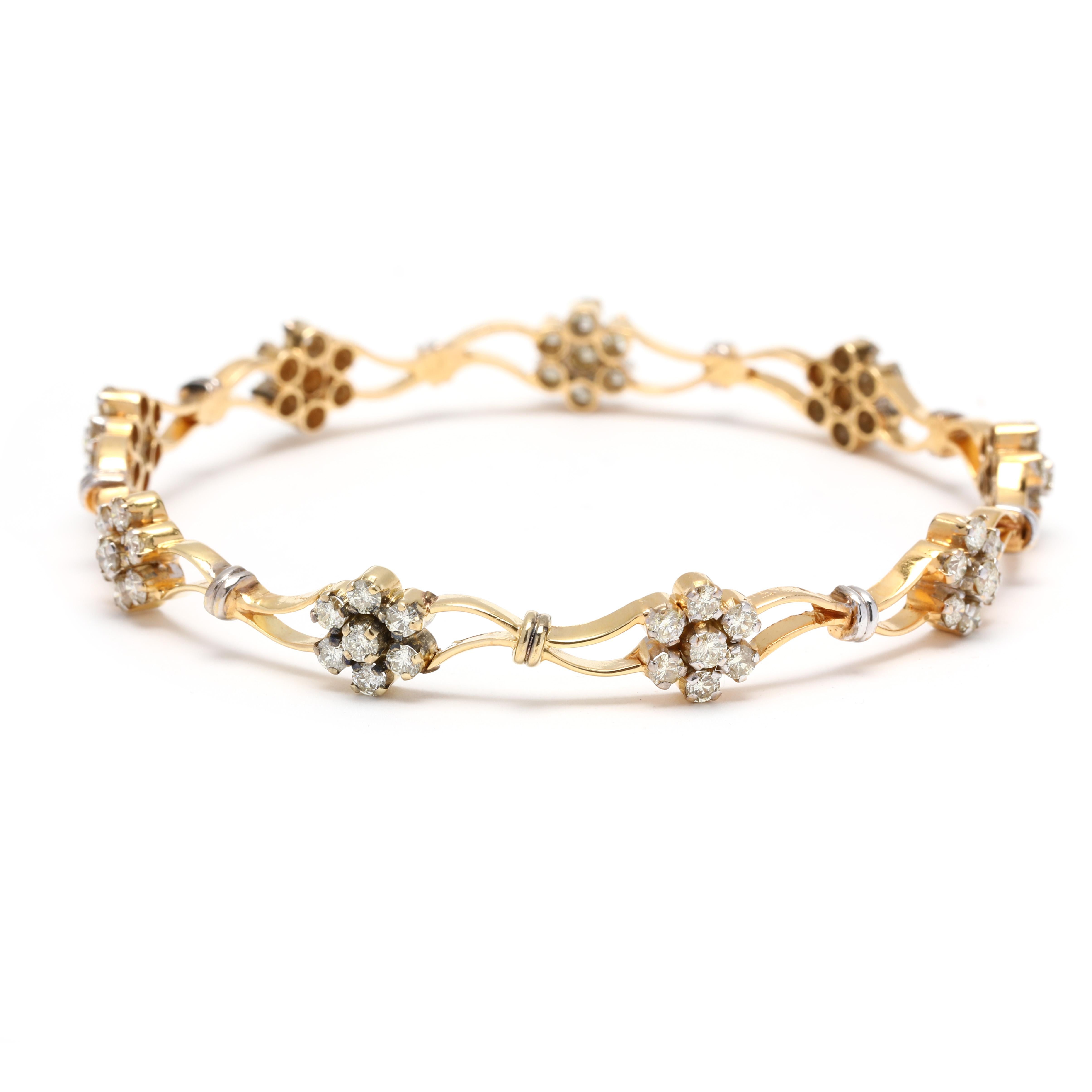 Brilliant Cut 2.5CTW Diamond Flower Bangle, 18K Yellow Gold, Length 7.75 Inches, Stackable