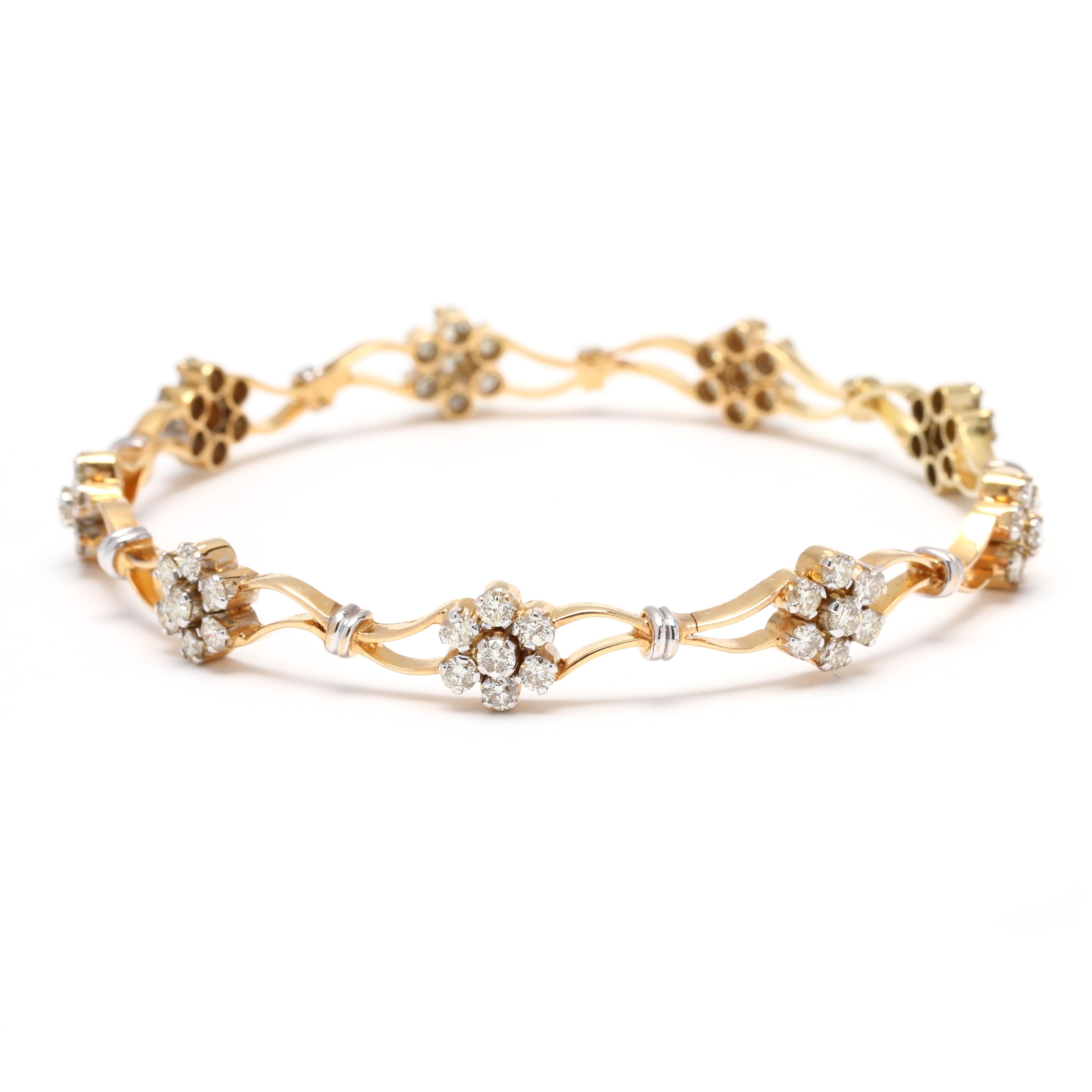 2.5CTW Diamond Flower Bangle, 18K Yellow Gold, Length 7.75 Inches, Stackable In Good Condition In McLeansville, NC