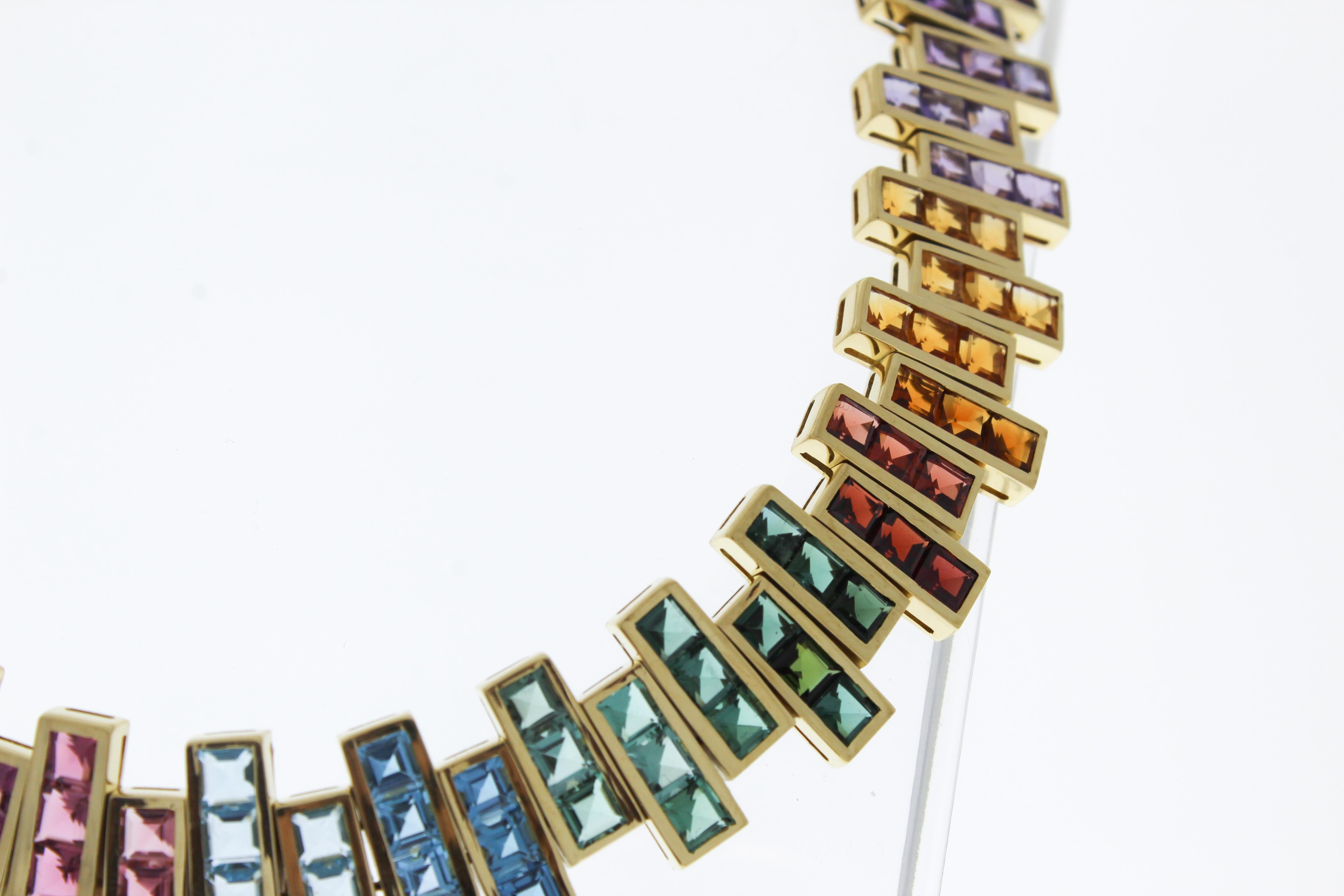 Mixed Cut 25CTW Mixed Color Gemstone Necklace in 18K Yellow Gold For Sale
