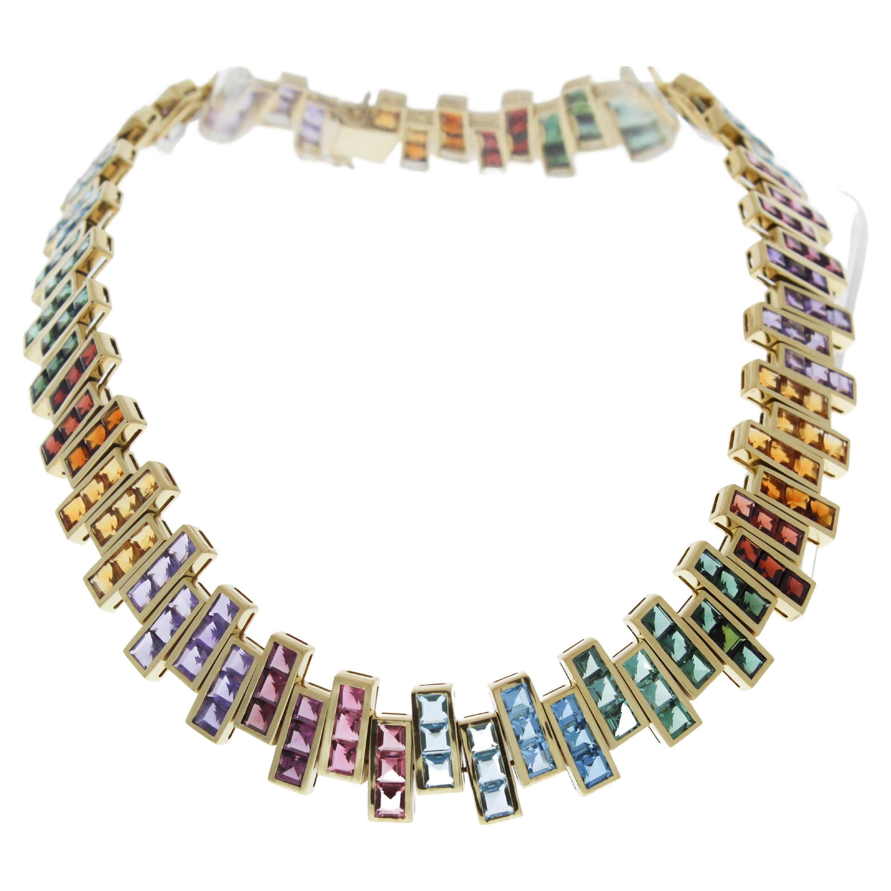 25CTW Mixed Color Gemstone Necklace in 18K Yellow Gold For Sale