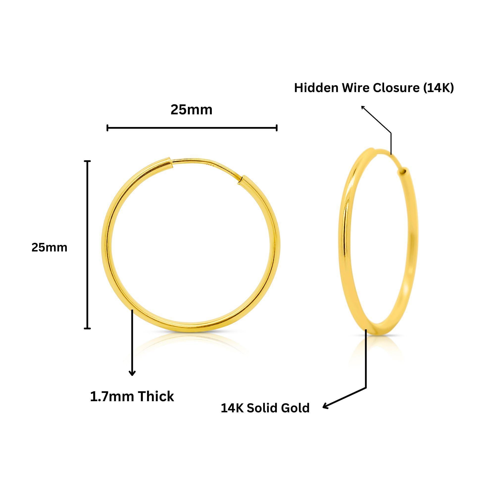 25mm 14K massivem Gold dünnen Reifen Ohrringe auf Hidden Wire Closure im Angebot 5