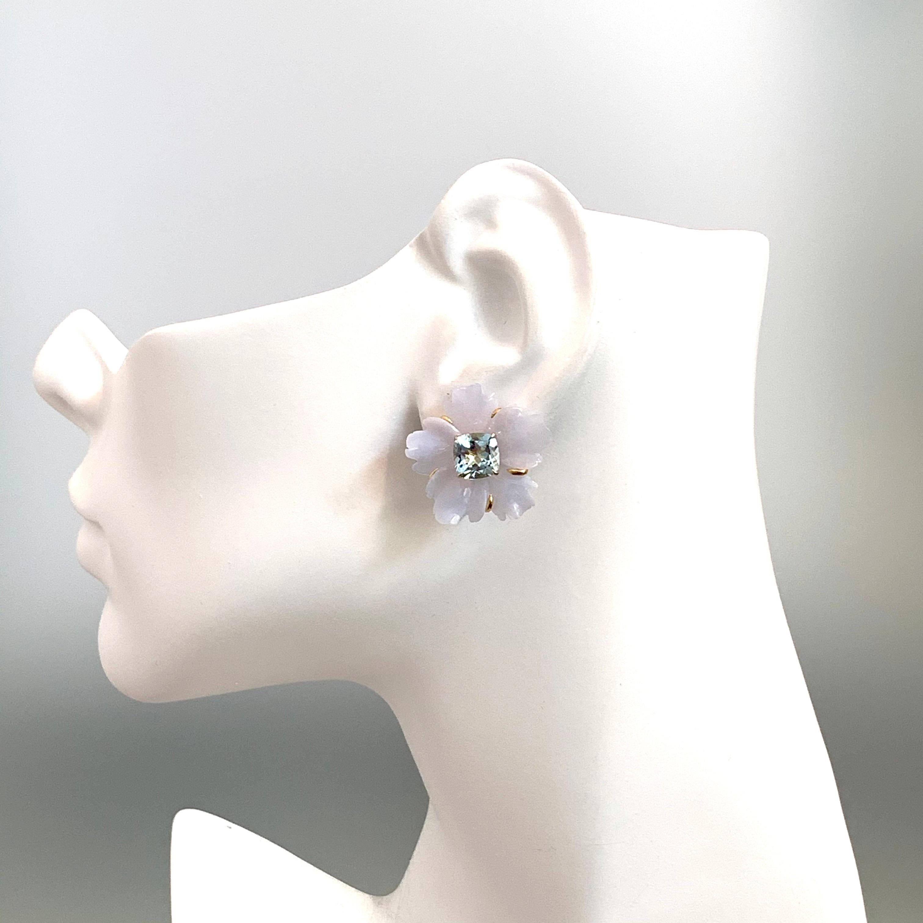 Artisan 25mm Carved Chalcedony Flower and Cushion Blue Topaz Vermeil Earrings For Sale