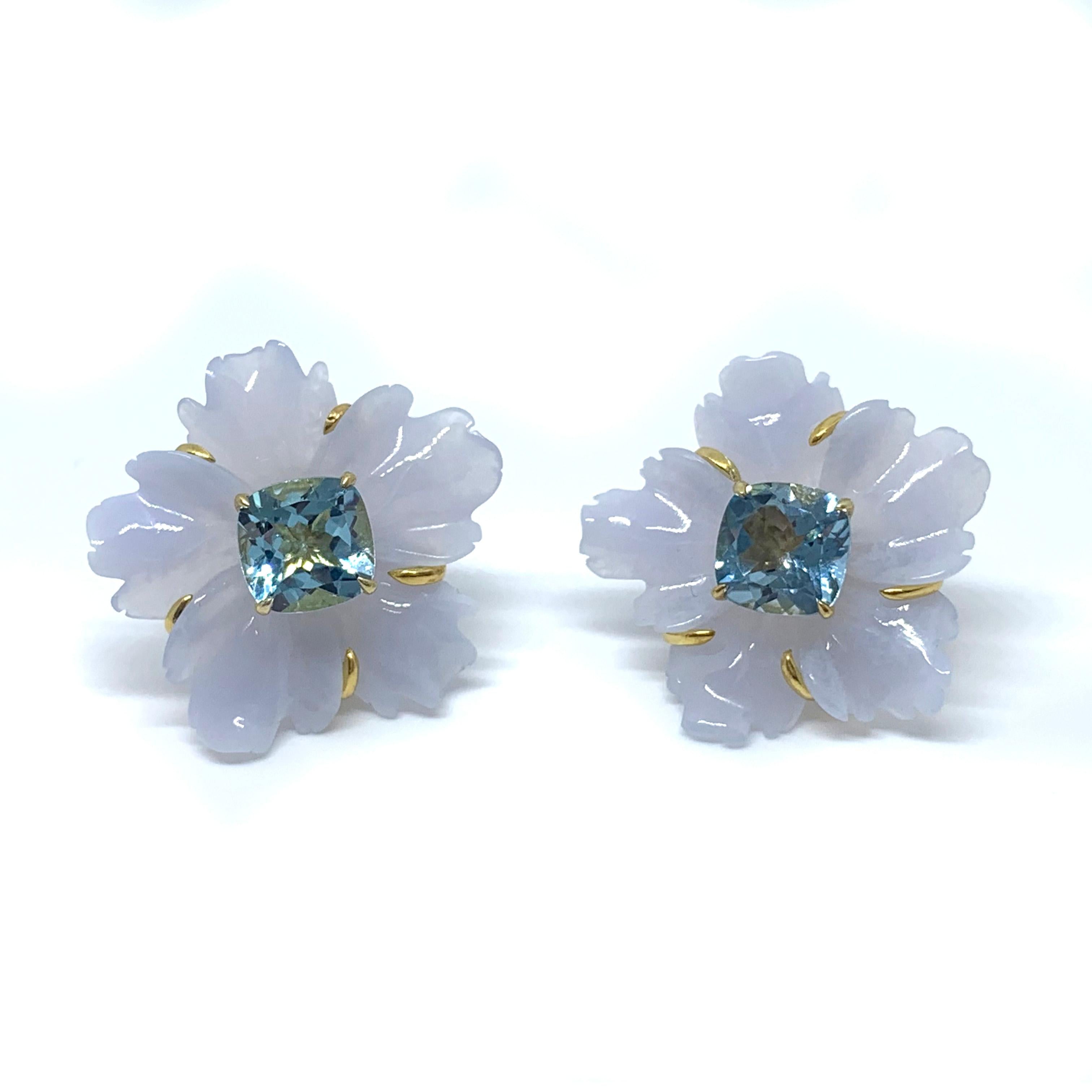 Mixed Cut 25mm Carved Chalcedony Flower and Cushion Blue Topaz Vermeil Earrings