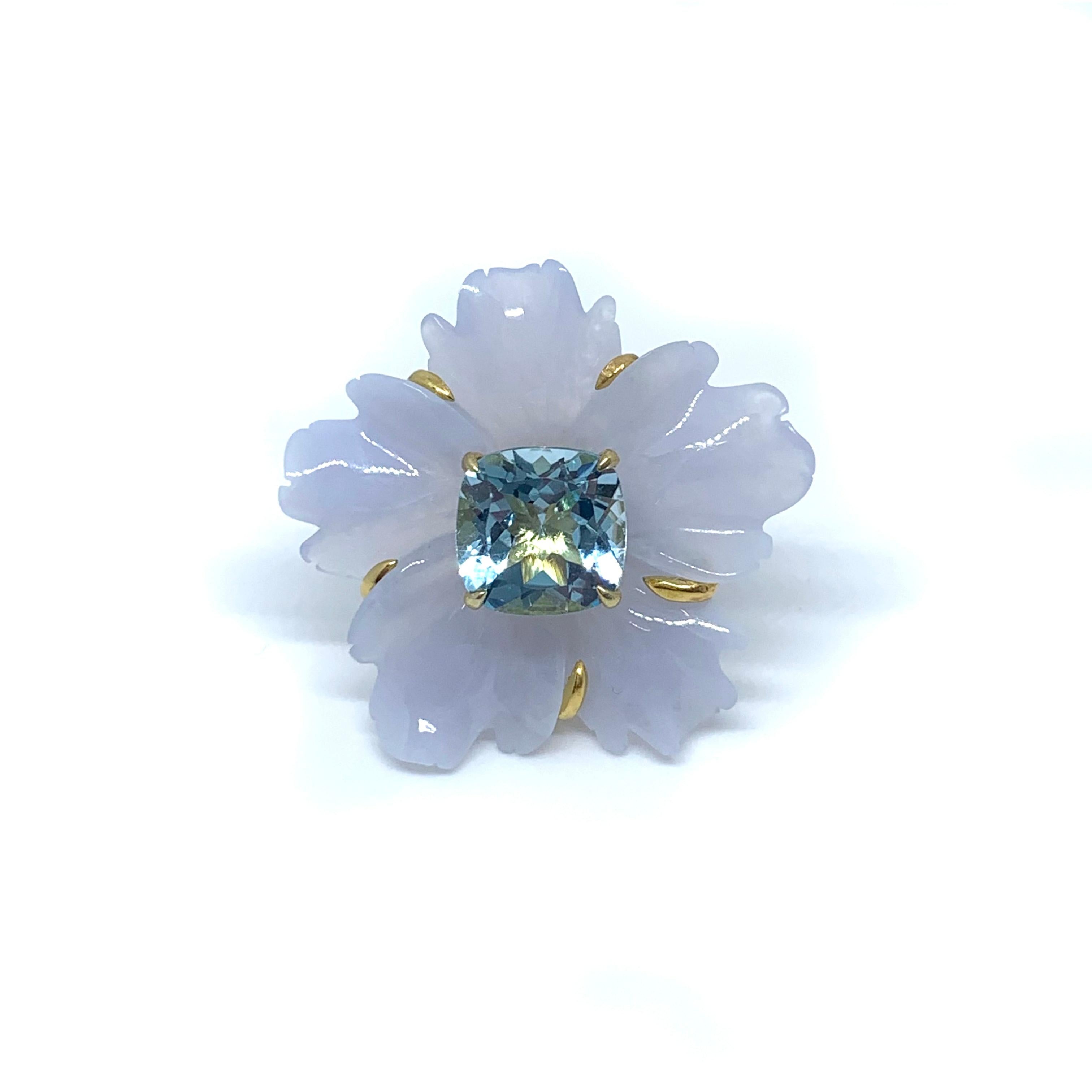 25mm Carved Chalcedony Flower and Cushion Blue Topaz Vermeil Earrings In New Condition For Sale In Los Angeles, CA