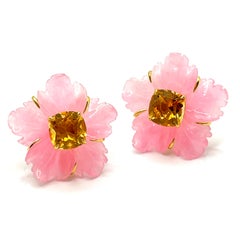 25mm Carved Pink Quartzite Flower and Cushion-cut Citrine Earrings