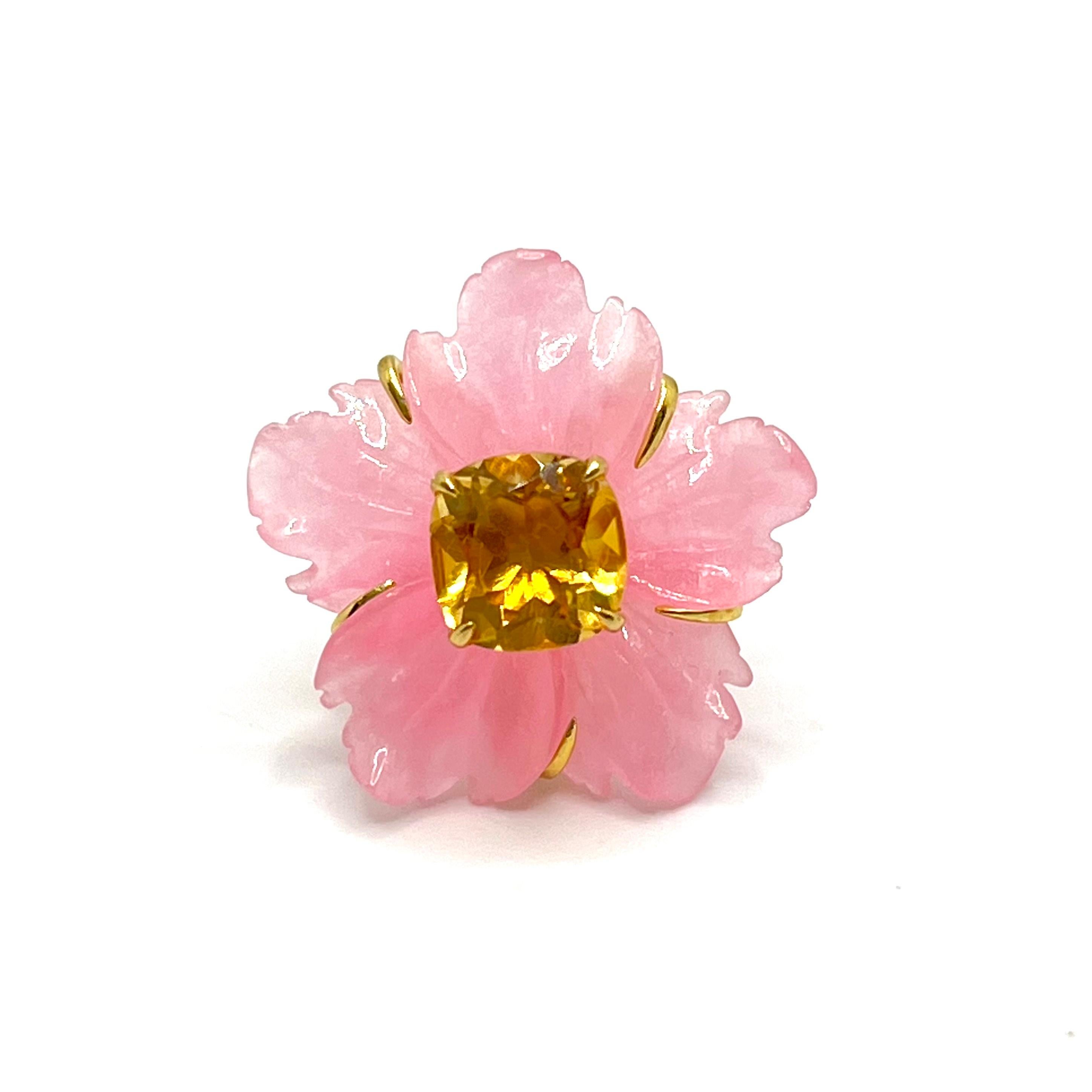 Artisan 25mm Carved Pink Quartzite Flower and Cushion-cut Citrine Earrings For Sale