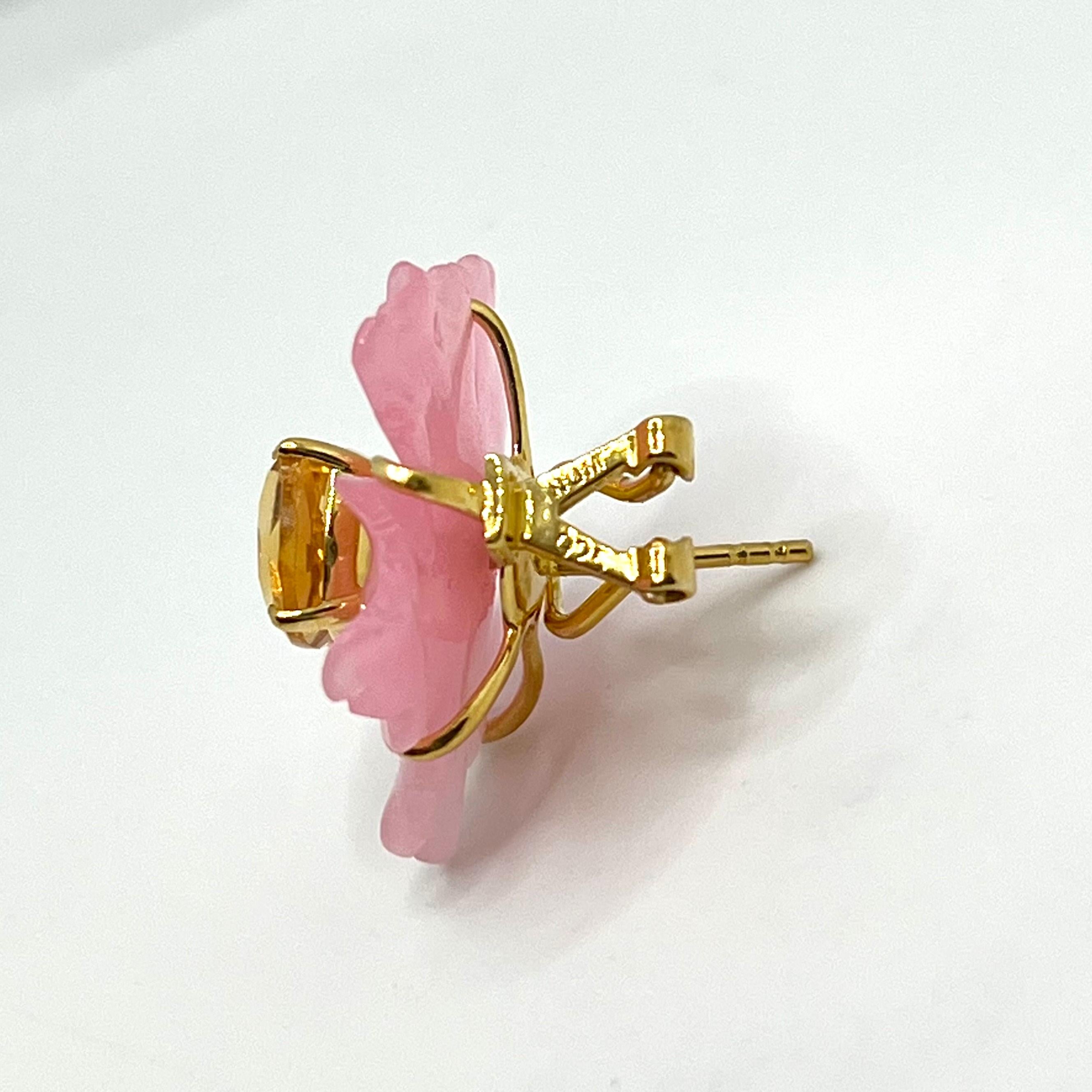 25mm Carved Pink Quartzite Flower and Cushion-cut Citrine Earrings In New Condition For Sale In Los Angeles, CA