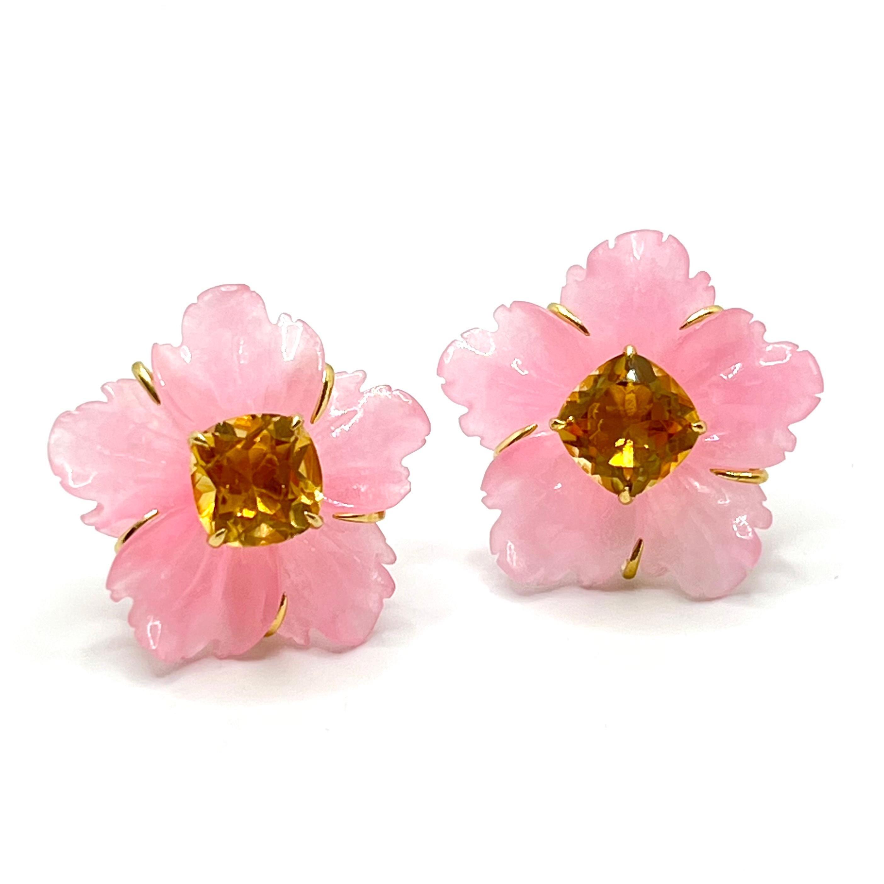 Women's 25mm Carved Pink Quartzite Flower and Cushion-cut Citrine Earrings For Sale