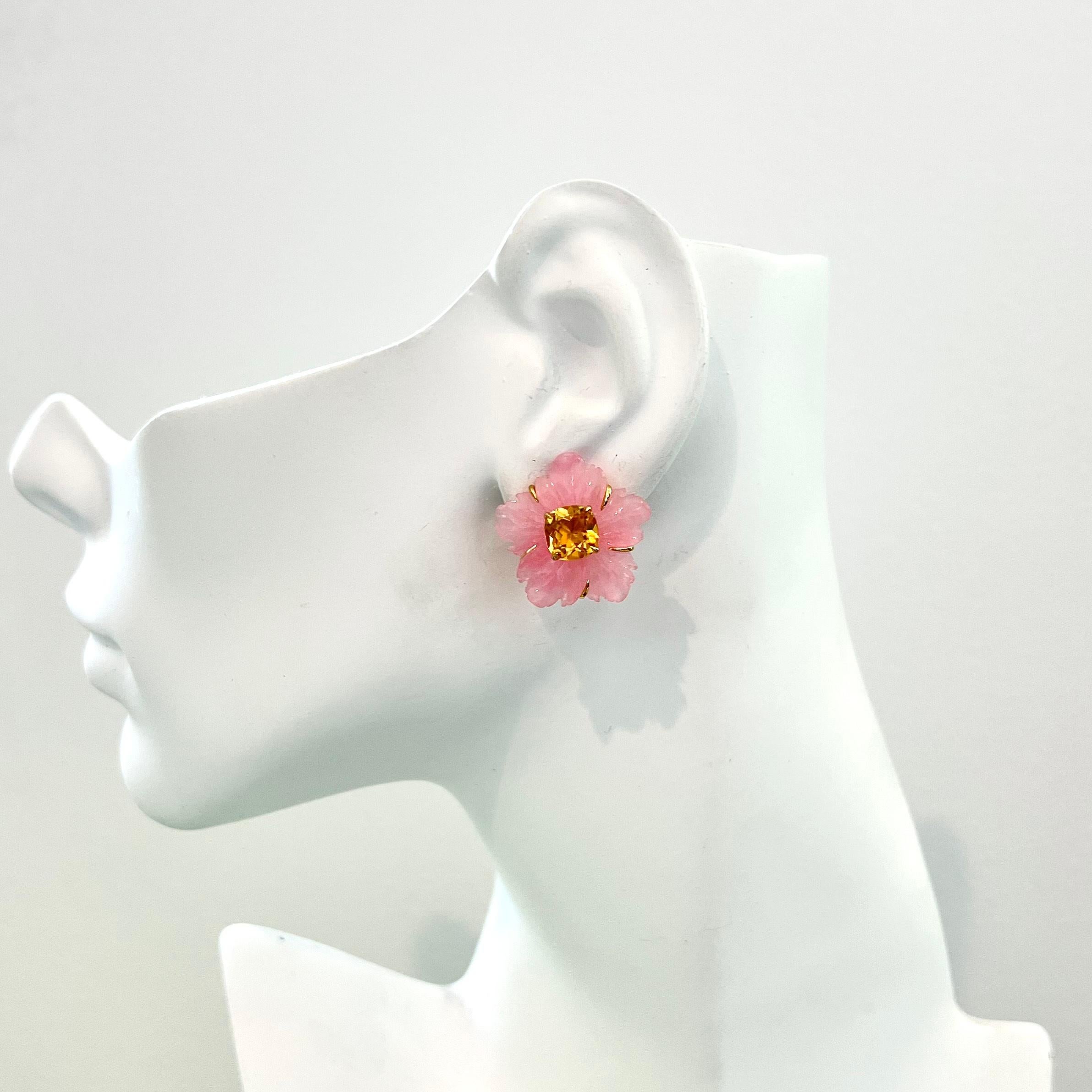 25mm Carved Pink Quartzite Flower and Cushion-cut Citrine Earrings For Sale 1