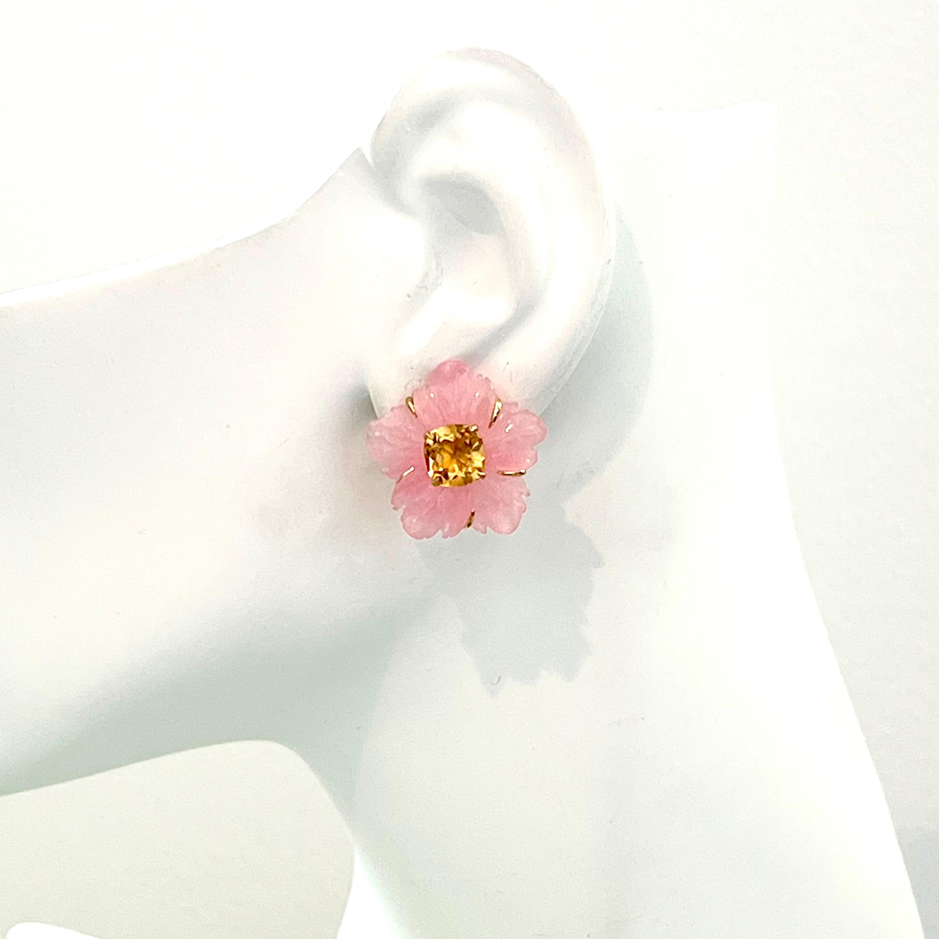25mm Carved Pink Quartzite Flower and Cushion-cut Citrine Earrings For Sale 2