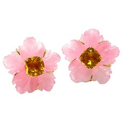 25mm Carved Pink Quartzite Flower and Cushion-cut Citrine Earrings
