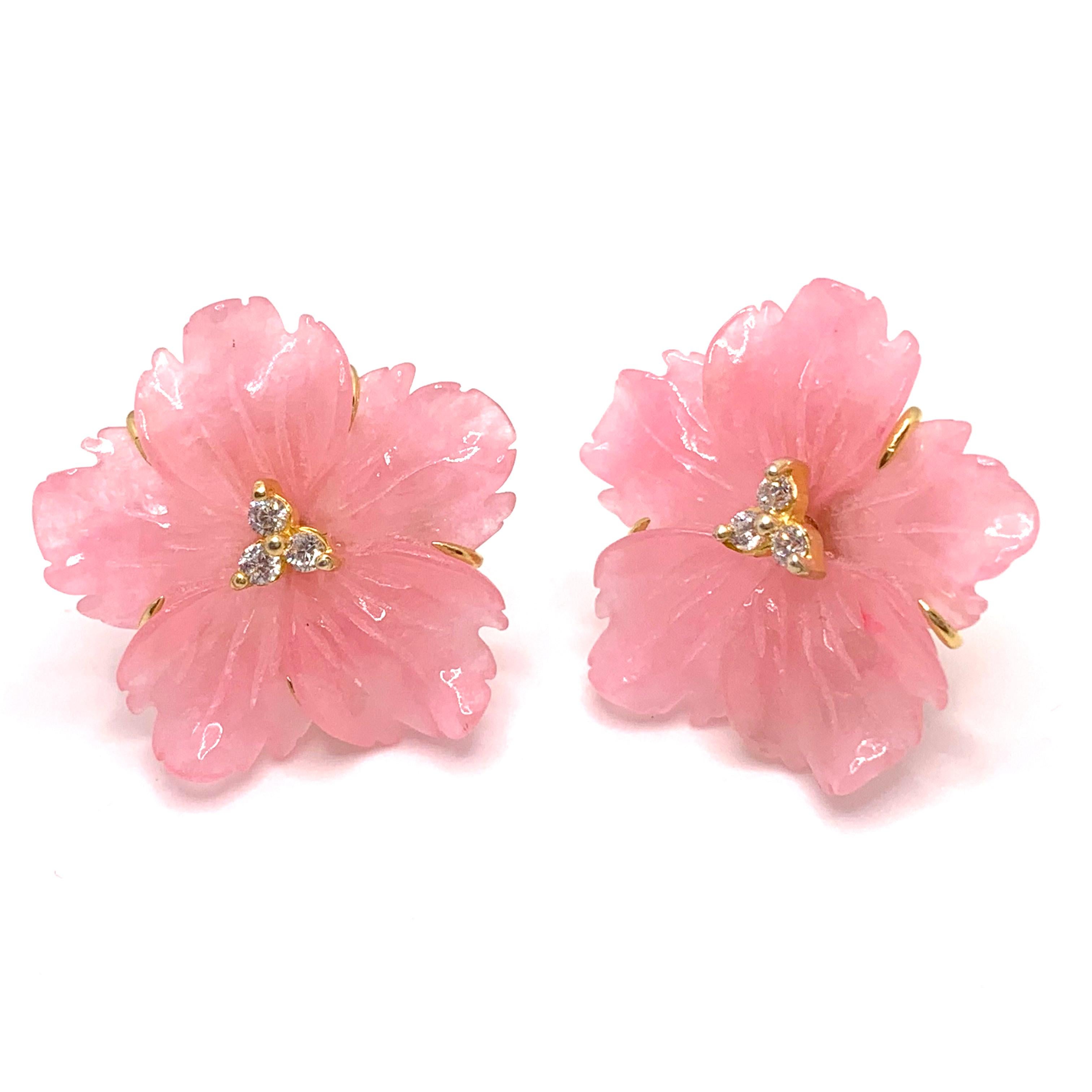 Artisan 24mm Carved Pink Quartzite Flower Vermeil Earrings
