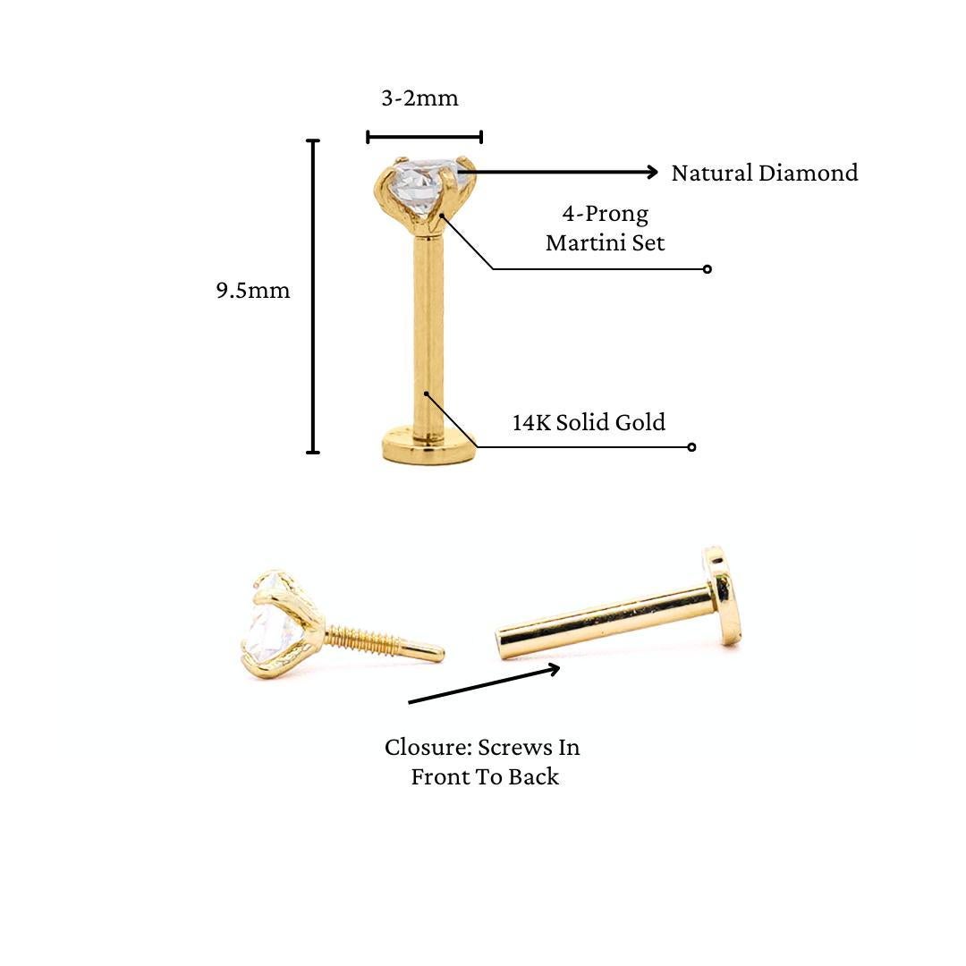 Brilliant Cut 2.5mm Diamond in 14K Gold Flat Back Singe Stud Earring For Sale