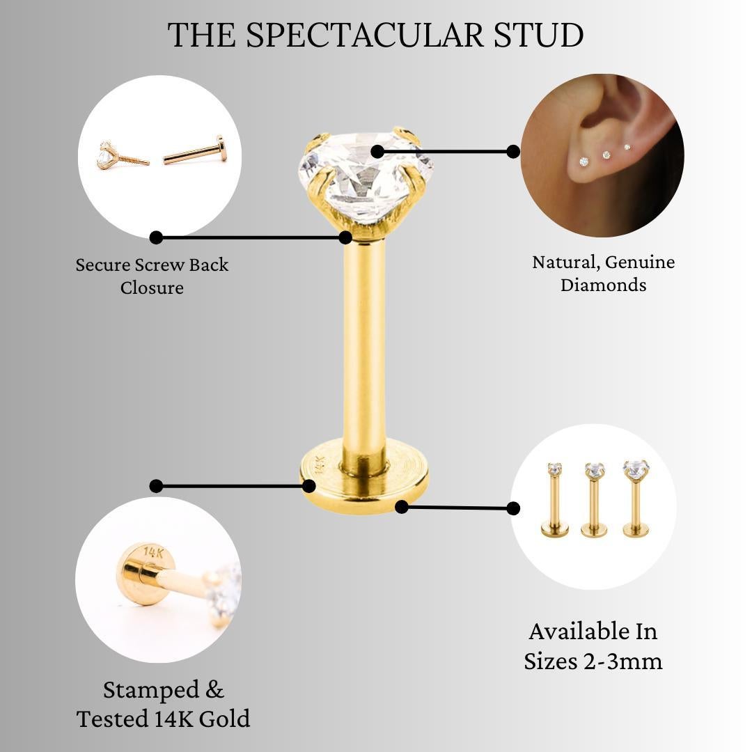 2.5mm Diamond in 14K Gold Flat Back Singe Stud Earring In New Condition For Sale In Miami, FL