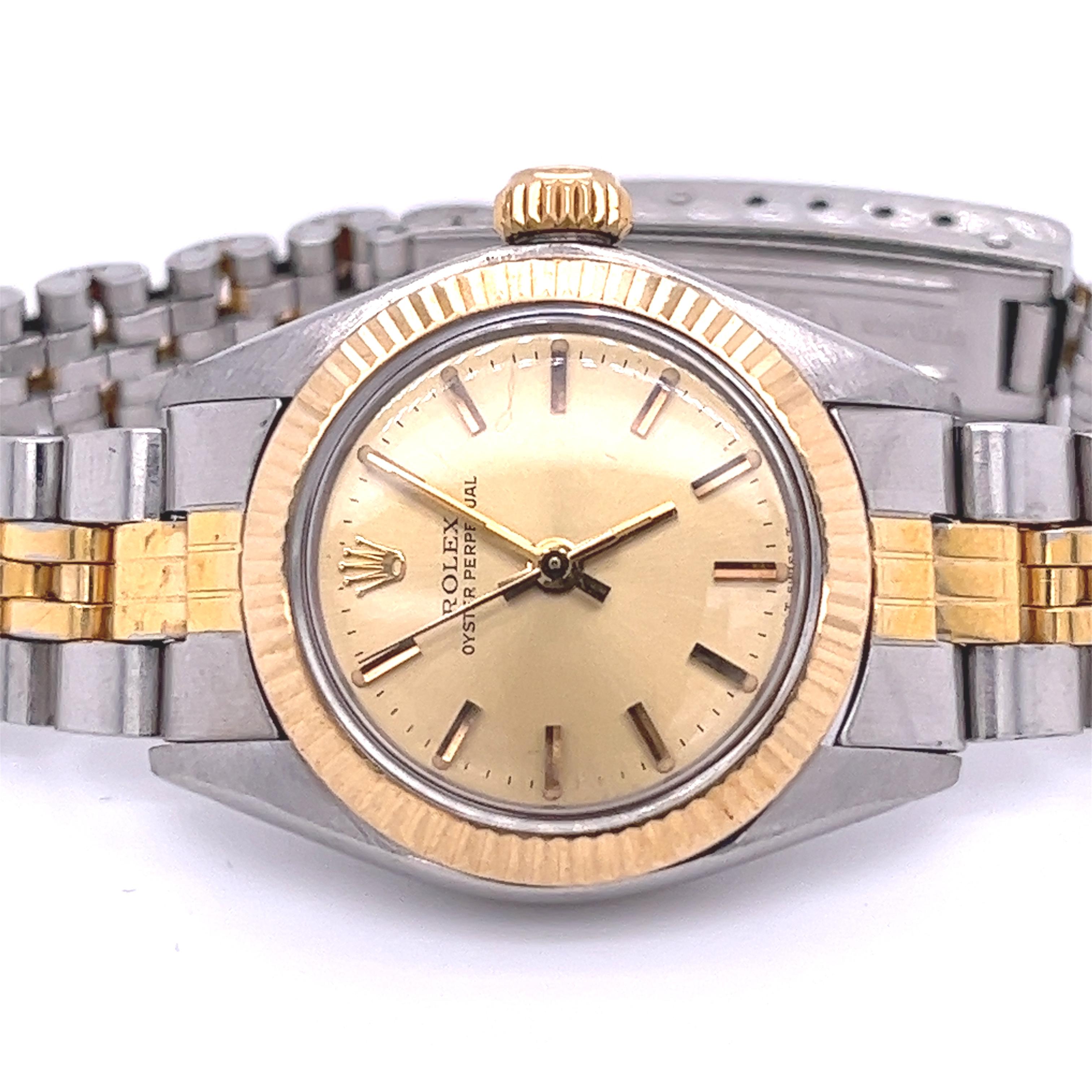 Beautiful Rolex Oyster Perpetual ladies wristwatch with Tudor Strap. An extravagant, yet sleek watch that echos a statement of refined taste and class. Sturdy enough for everyday wear and elegant enough for all special occasions.

This watch bears