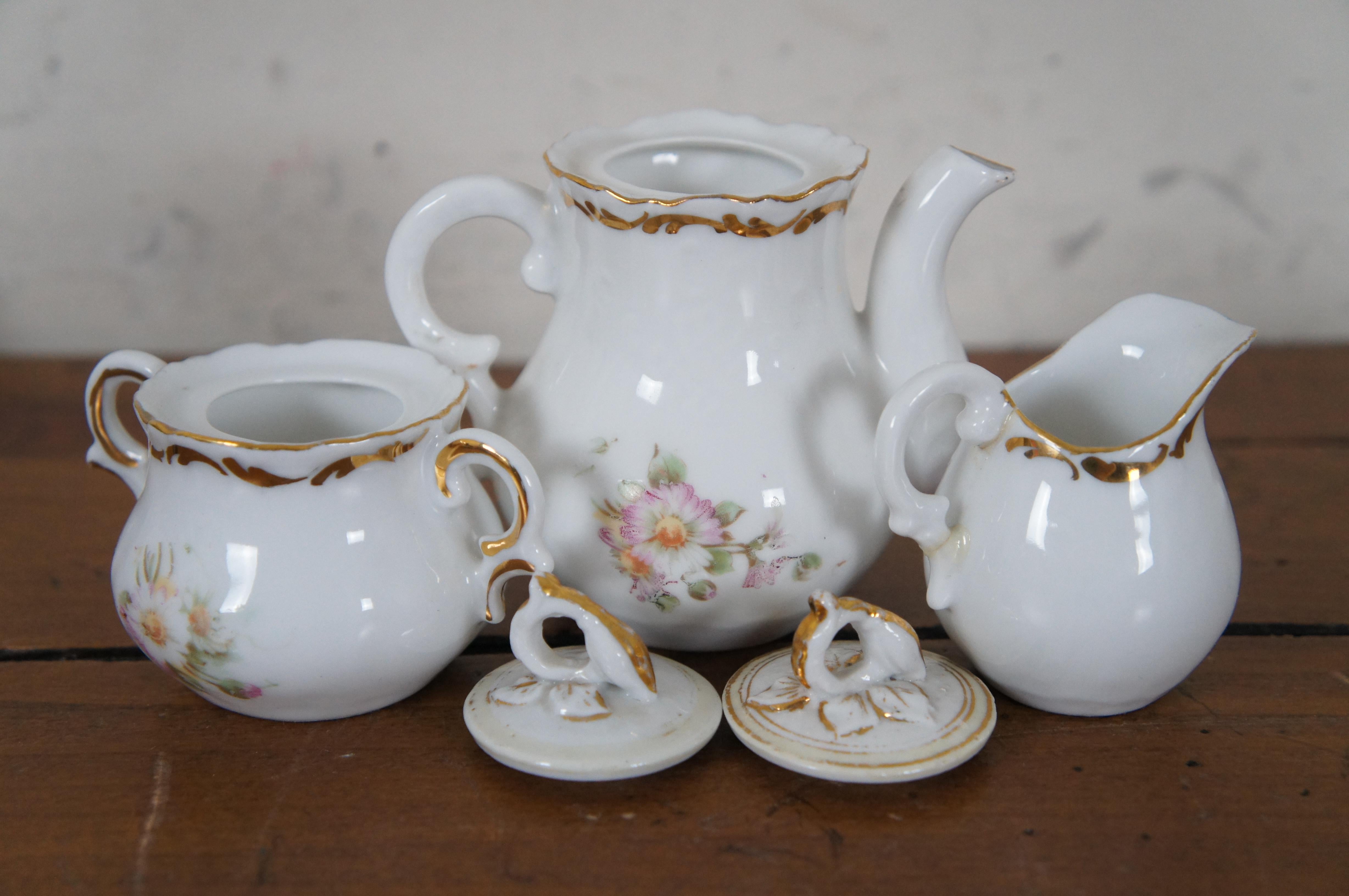 25pc Antique Miniature Porcelaine Gilded Daisies Childs Doll Play Tea Set 4