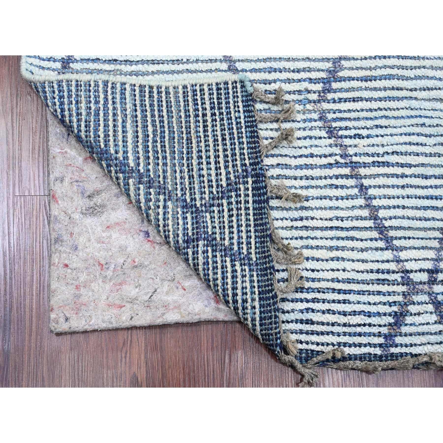 Beau Blue, Moroccan Weave with Geometric Pattern, Textured Pile, Hand Knotted, Soft Wool, Runner, Oriental Rug
Primary materials: Wool
Latex: No Pile 
height: 0.25 Inches
Style: Traditional
Primary color: Blue
Secondary colors: Gray, Ivory
Pattern: