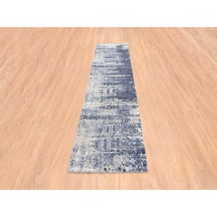 2'5"x10' Blue Abstract With Mosaic Design Wool-Silk Hand Knotted Oriental Rug